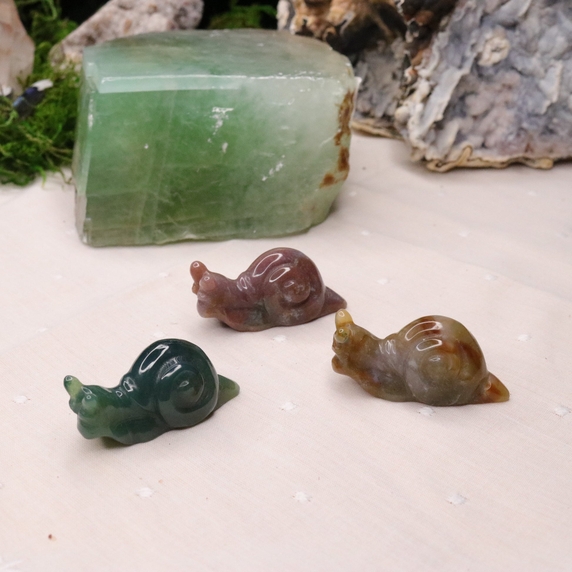 Small Moss Agate Snail Carvings ~ Green, Red and Orange Earth Tones - Earth Family Crystals