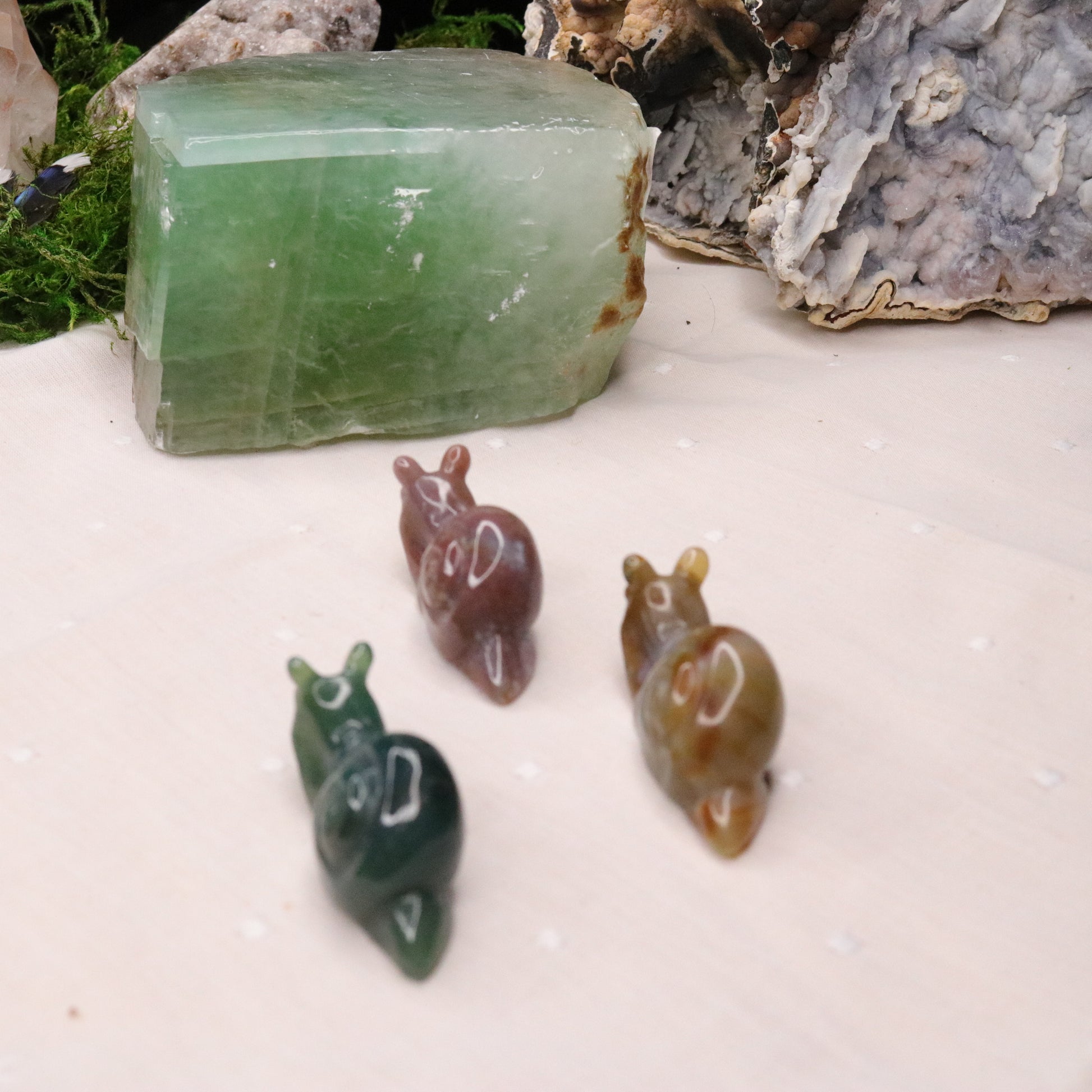 Small Moss Agate Snail Carvings ~ Green, Red and Orange Earth Tones - Earth Family Crystals