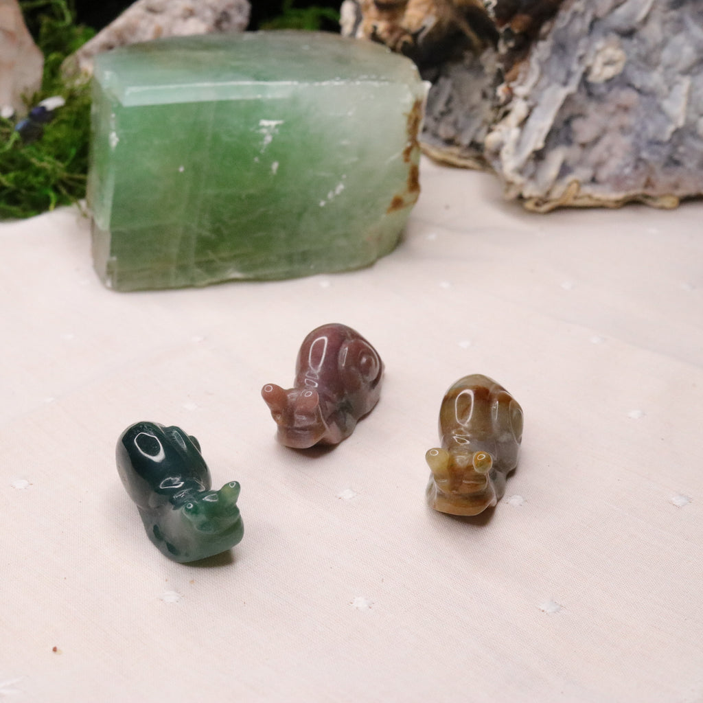 Small Moss Agate Snail Carvings ~ Green, Red and Orange Earth Tones - Earth Family Crystals