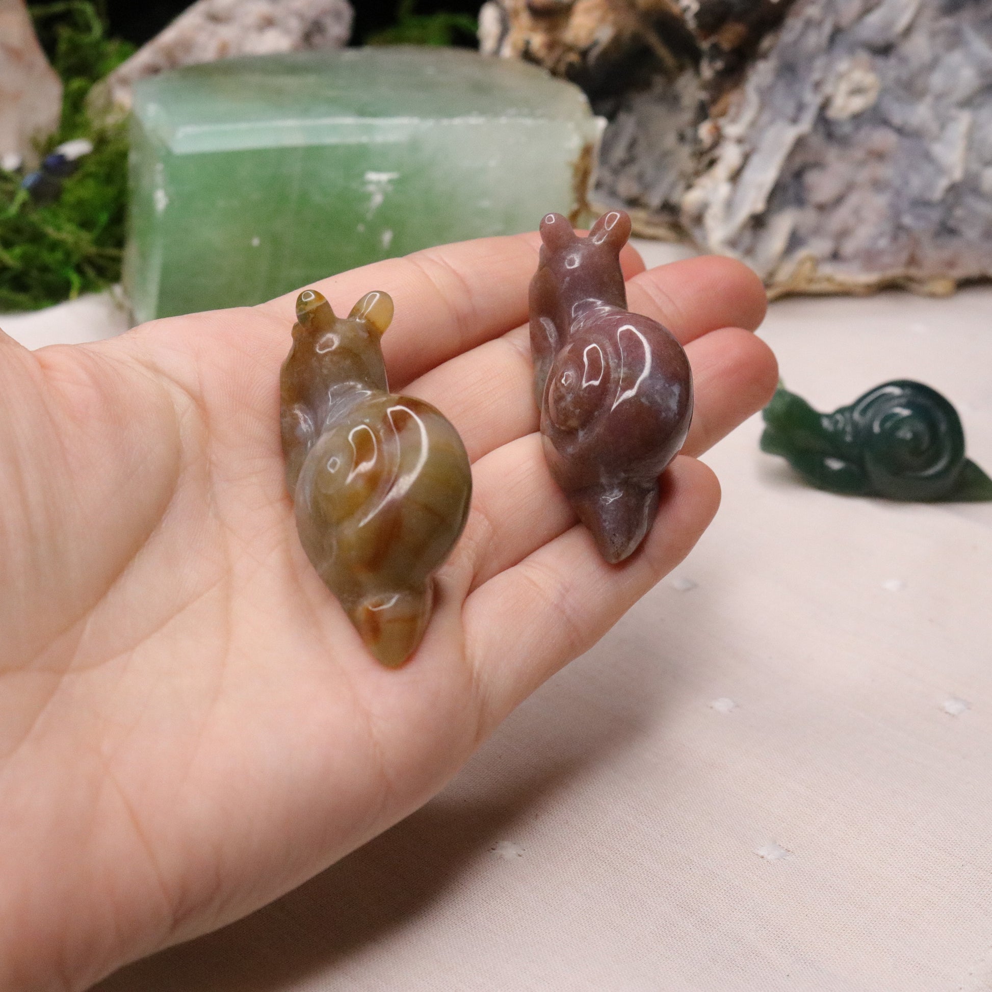 Small Moss Agate Snail Carvings ~ Green, Red and Orange Earth Tones - Earth Family Crystals