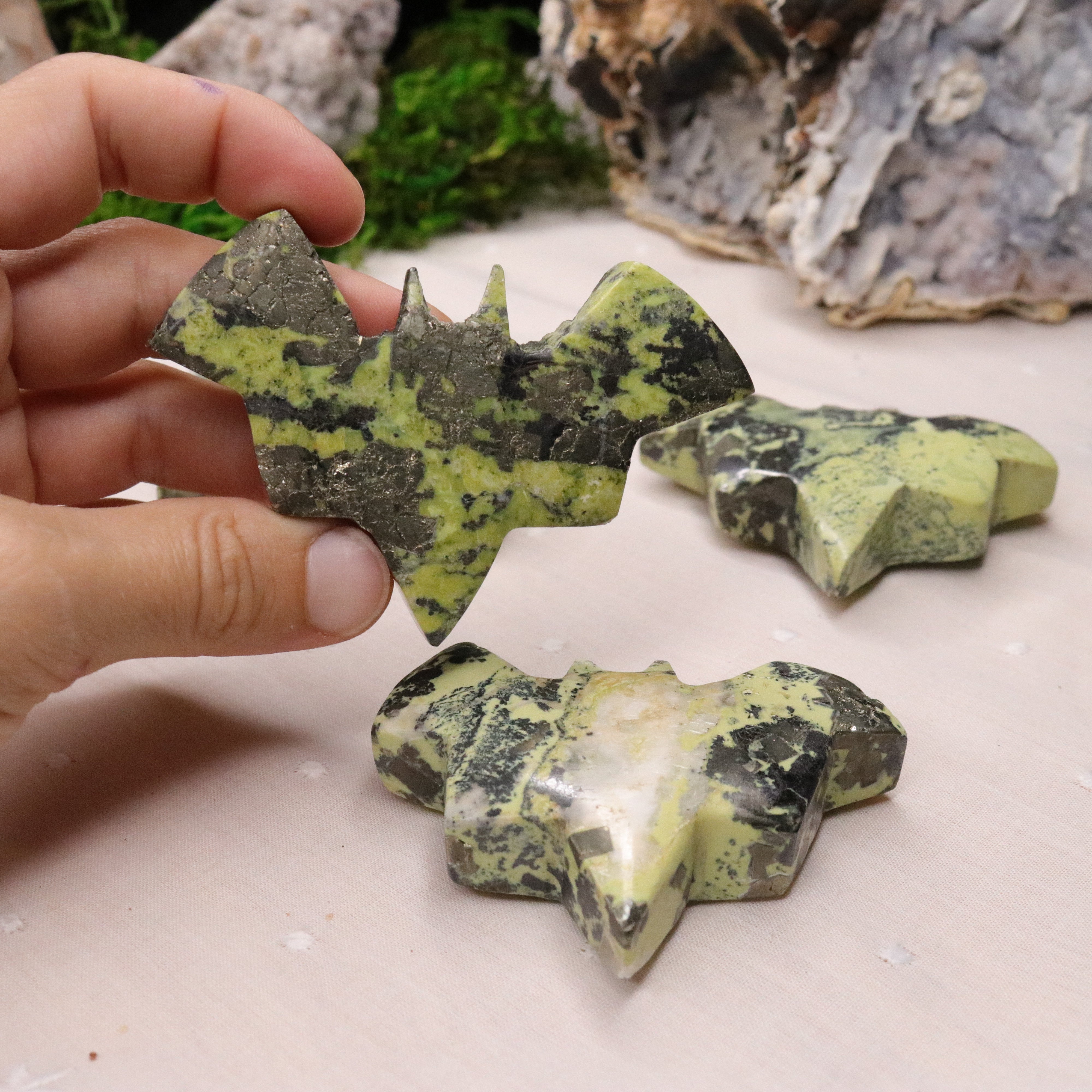Pyrite Rabbit Green Serpentine and Pyrite Bat Carvings from Peru – Earth Family Crystals