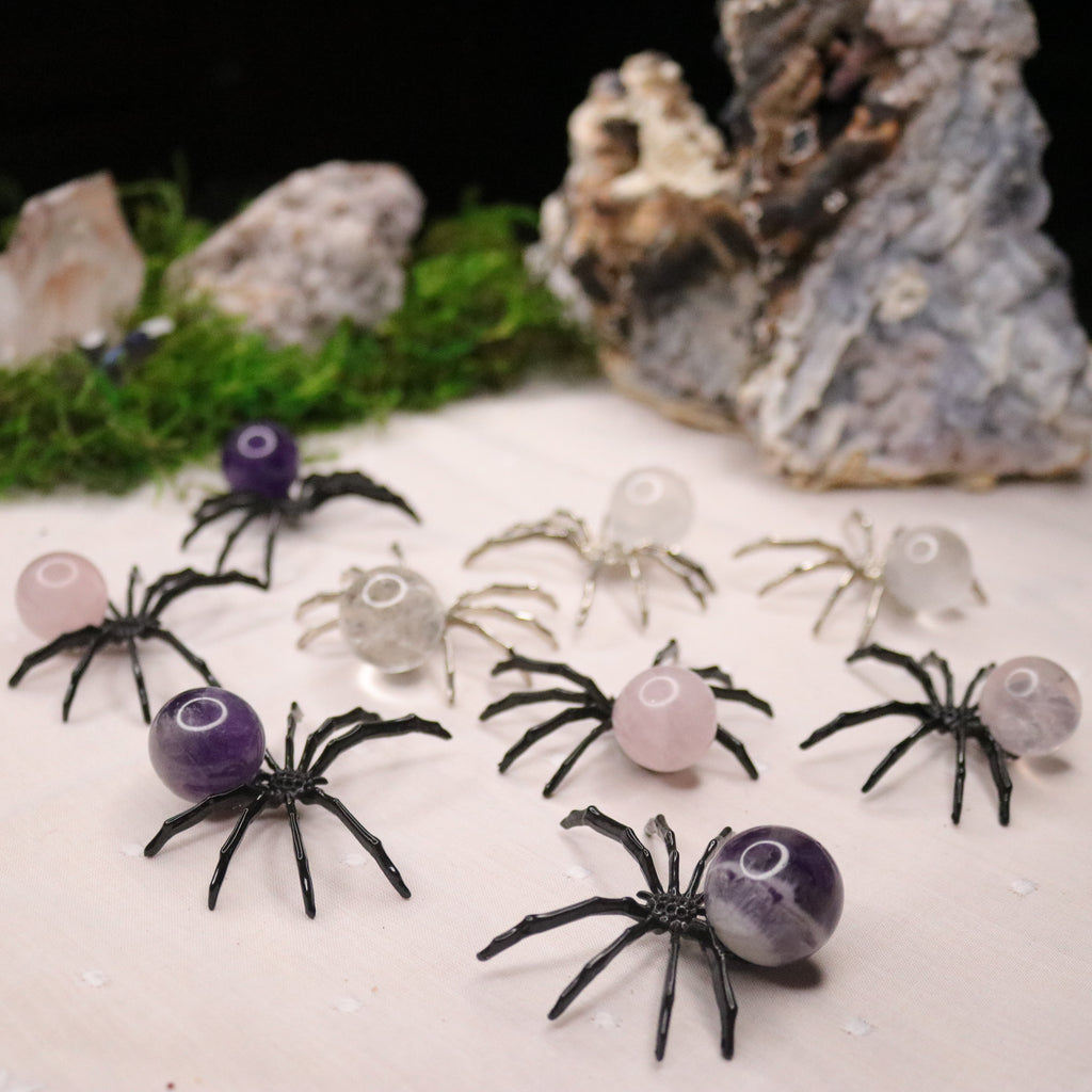 Rose Quartz, Amethyst or Quartz Sphere Spider Trinket ~ Spooky and Fun - Earth Family Crystals