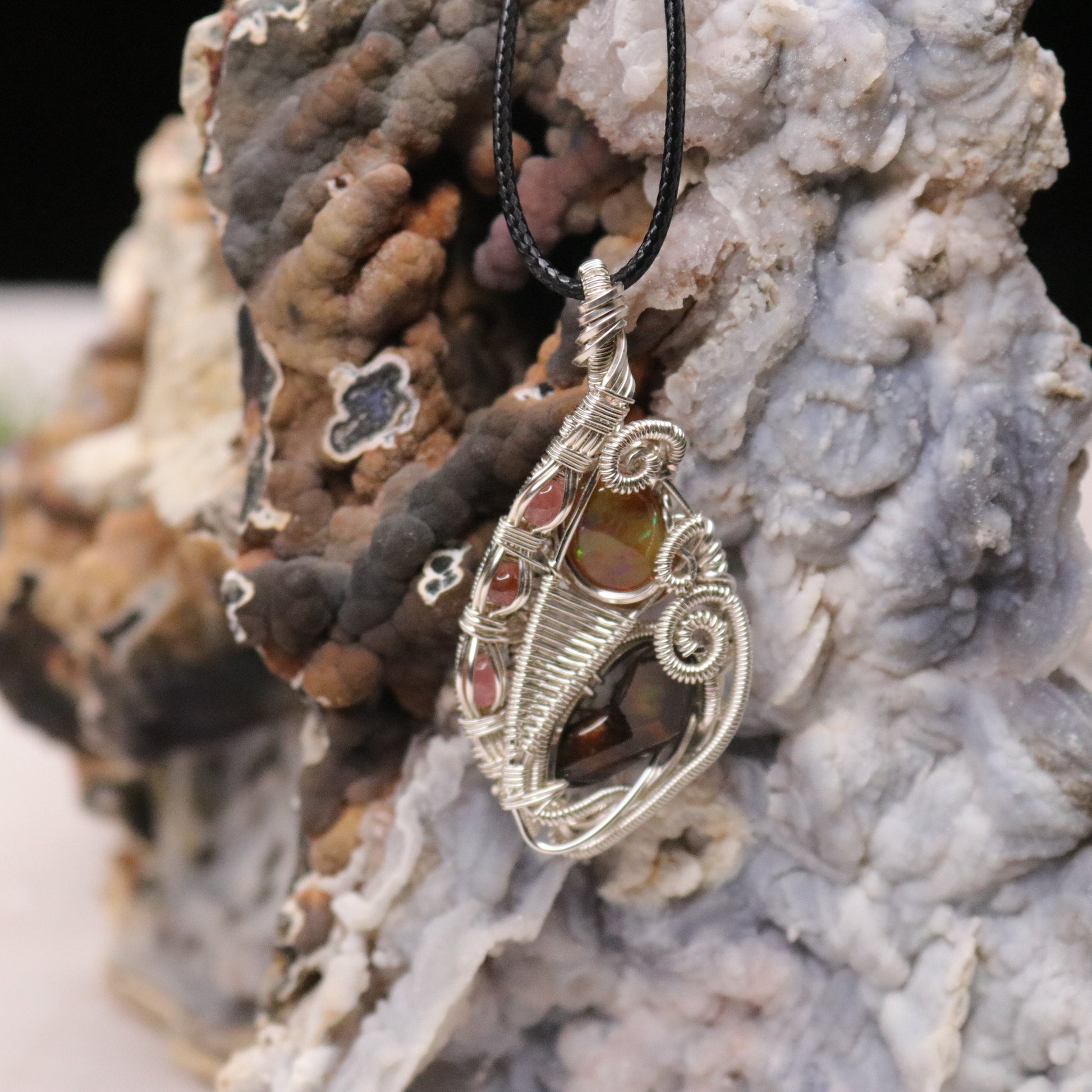 Fire Agate with Opal Pendant ~ Hand Made Wire Wrapped Pendant with Watermelon Tourmaline - Earth Family Crystals