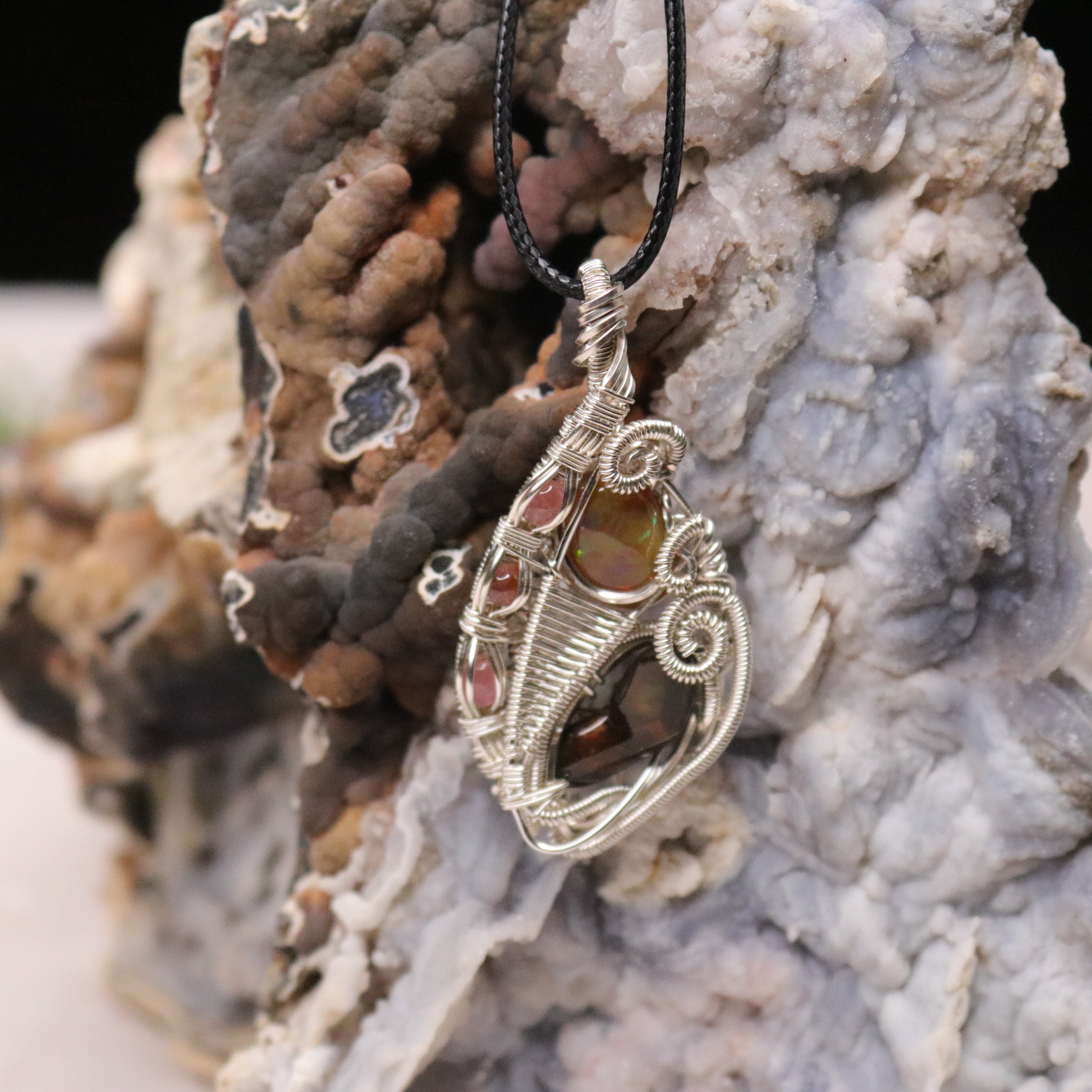 Fire Agate with Opal Pendant ~ Hand Made Wire Wrapped Pendant with Watermelon Tourmaline - Earth Family Crystals