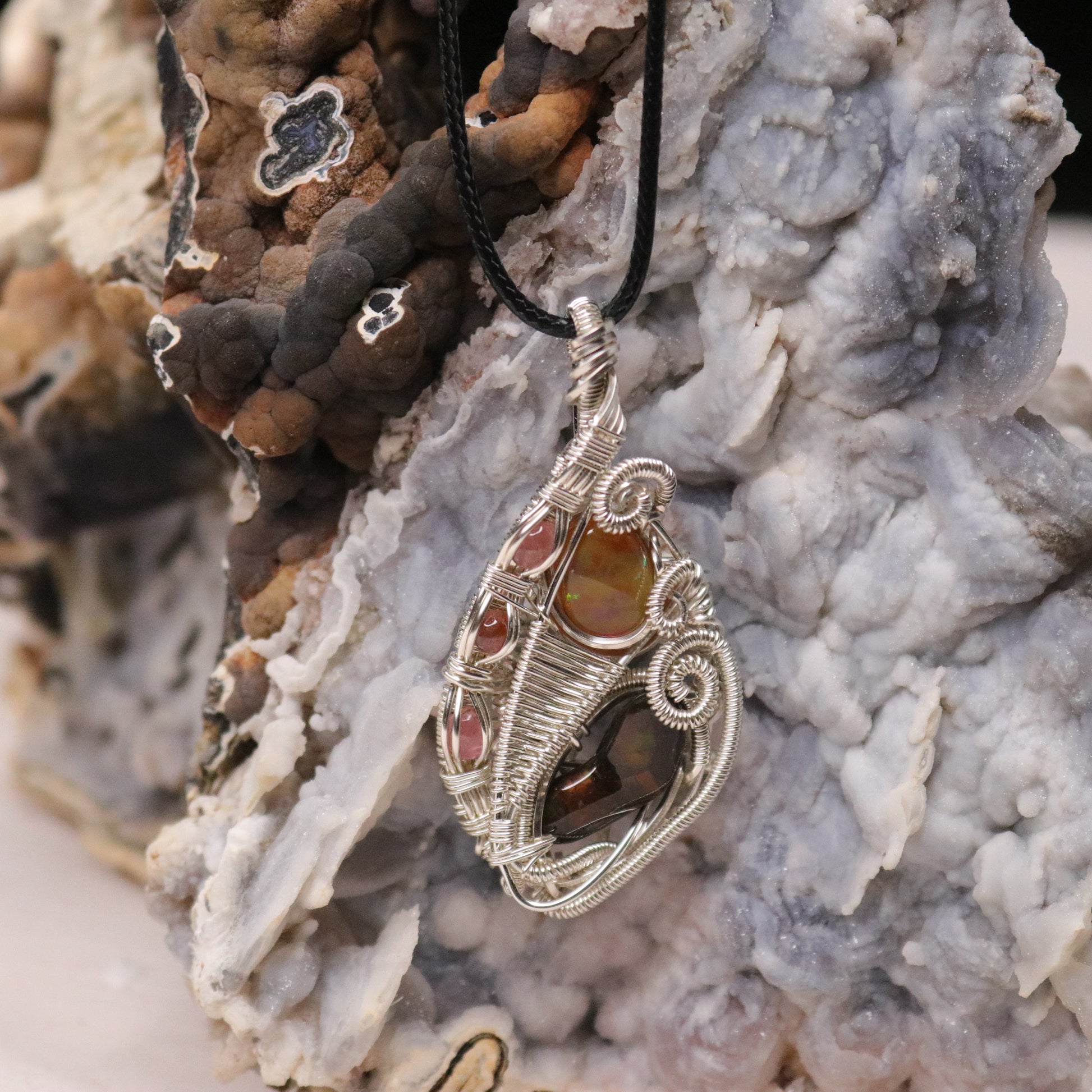 Fire Agate with Opal Pendant ~ Hand Made Wire Wrapped Pendant with Watermelon Tourmaline - Earth Family Crystals