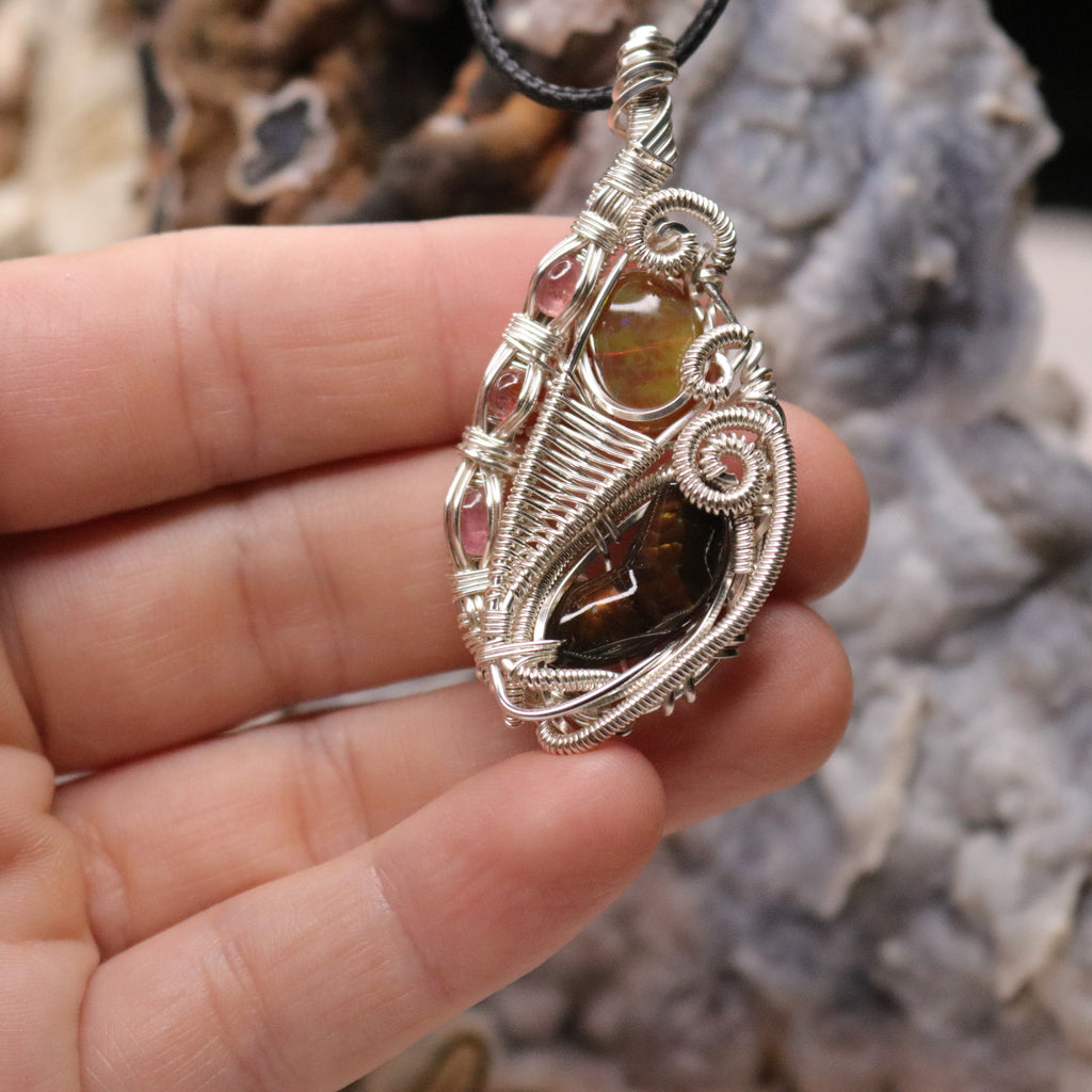 Fire Agate with Opal Pendant ~ Hand Made Wire Wrapped Pendant with Watermelon Tourmaline - Earth Family Crystals