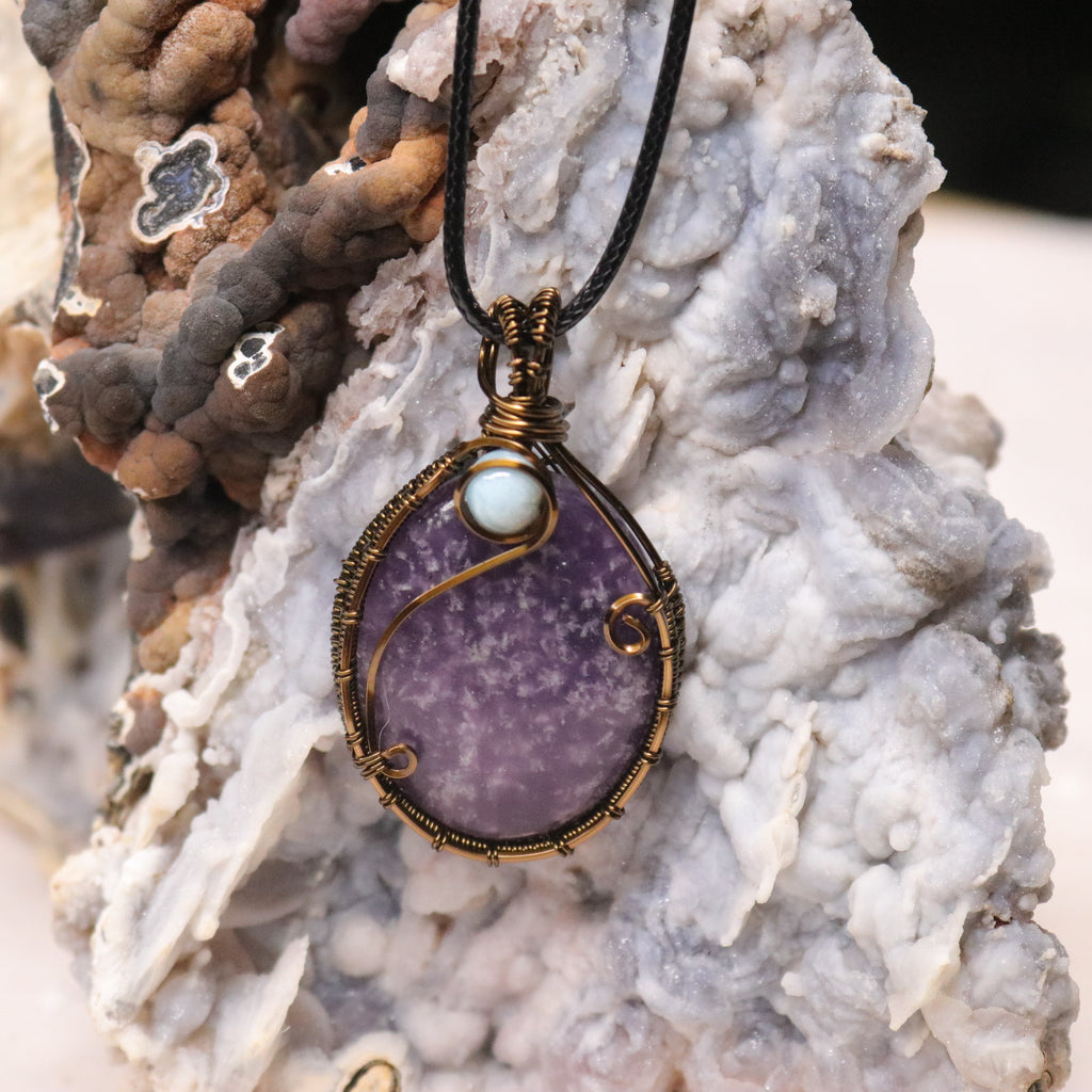 Lepidolite Pendant with Larimar Accents ~ Energy Healing Powerhouse Talisman ~ Antique Brass - Earth Family Crystals