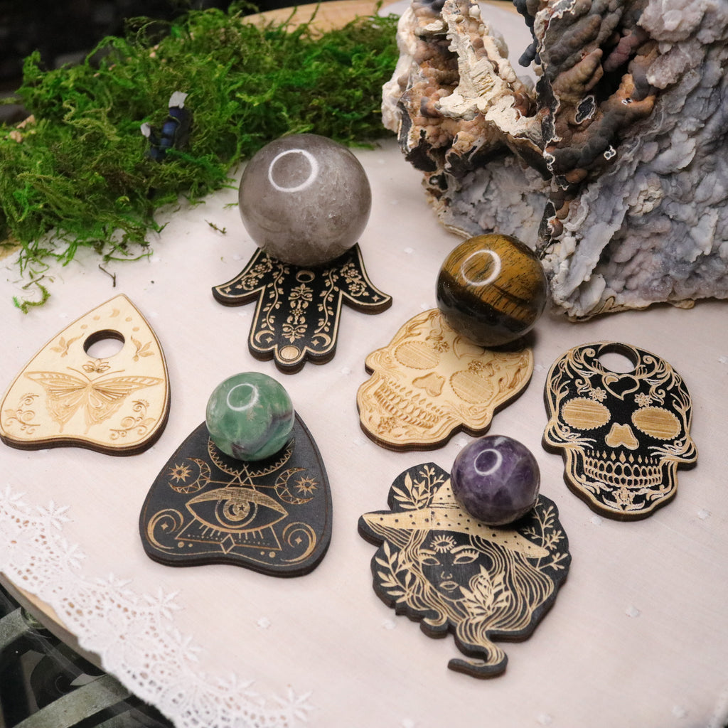 Engraved Wooden Sphere Stands ~ Spooky and Mystical ~ - Earth Family Crystals