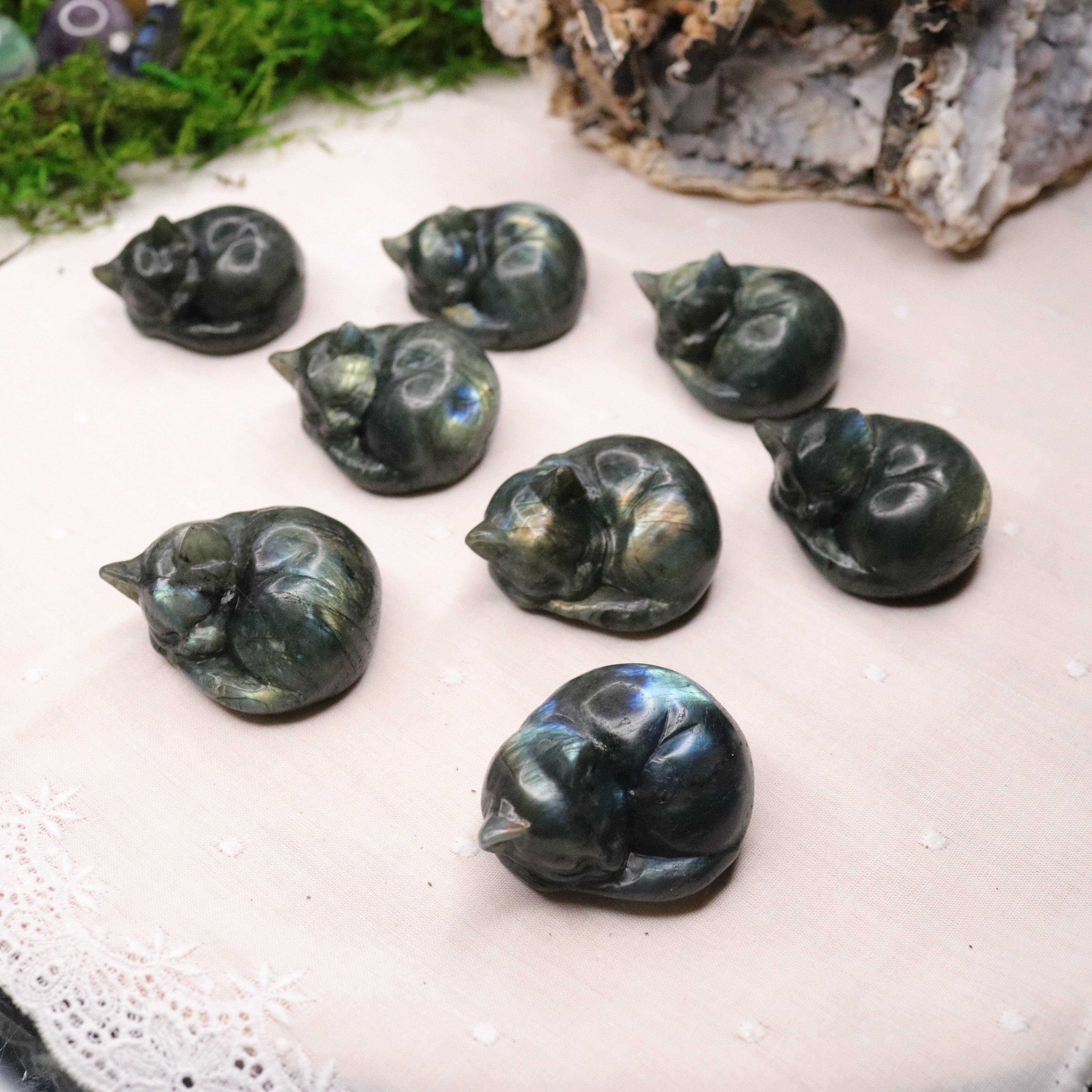 Flashy Rainbow Labradorite Cat Carvings ~ Sleeping Cuddly Kitty Cat ~ - Earth Family Crystals