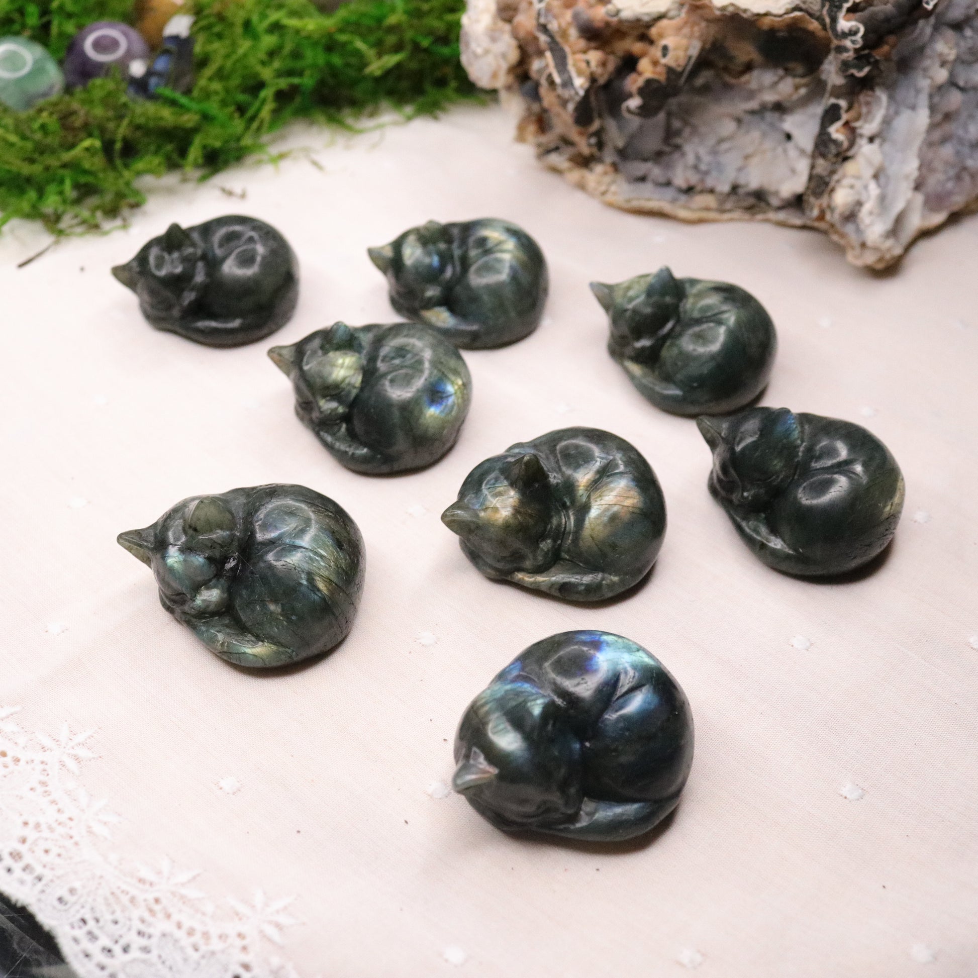 Flashy Rainbow Labradorite Cat Carvings ~ Sleeping Cuddly Kitty Cat ~ - Earth Family Crystals