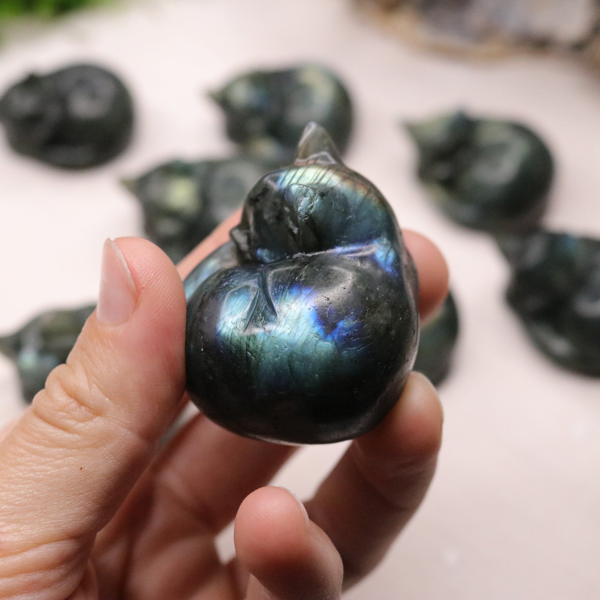 Flashy Rainbow Labradorite Cat Carvings ~ Sleeping Cuddly Kitty Cat ~ - Earth Family Crystals