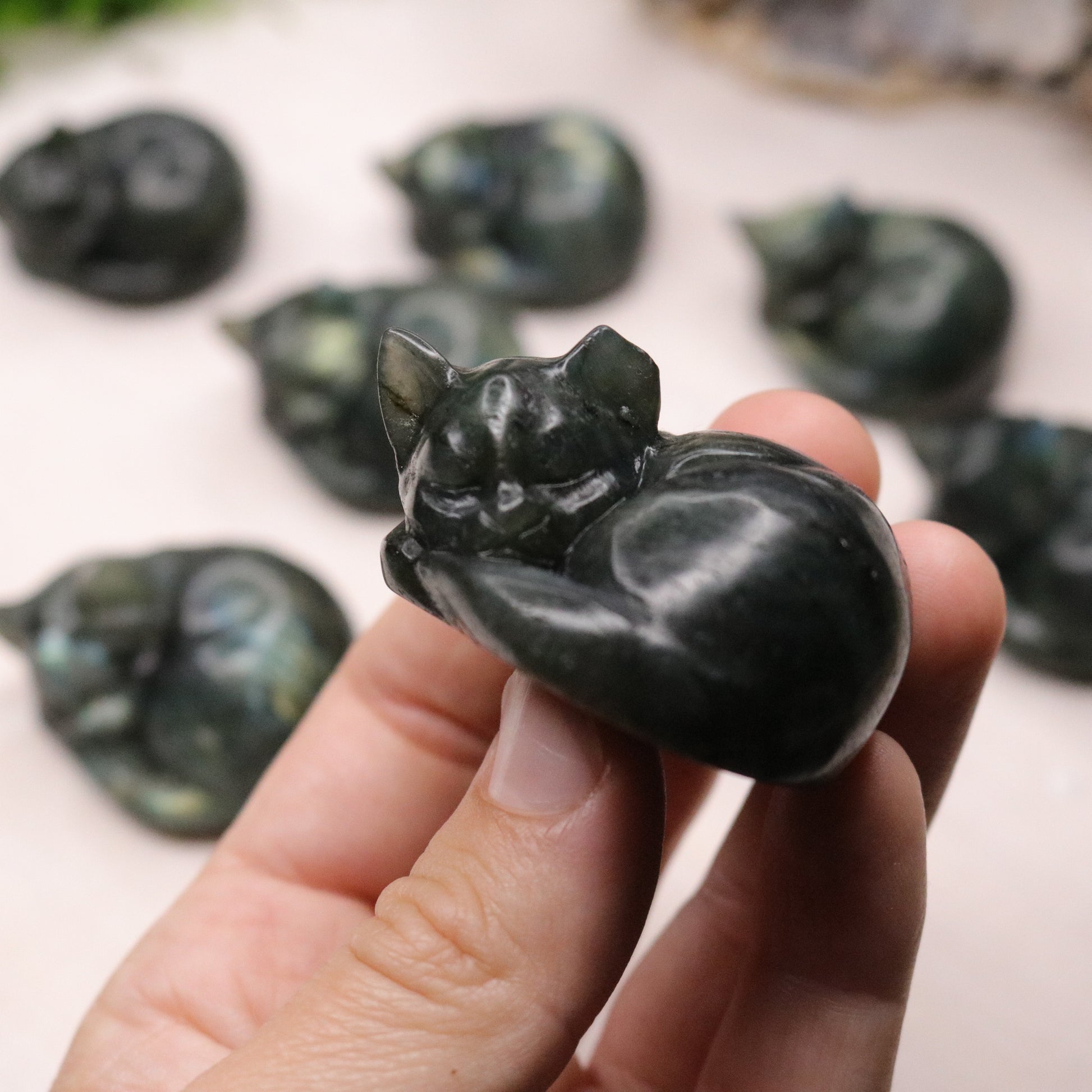 Flashy Rainbow Labradorite Cat Carvings ~ Sleeping Cuddly Kitty Cat ~ - Earth Family Crystals
