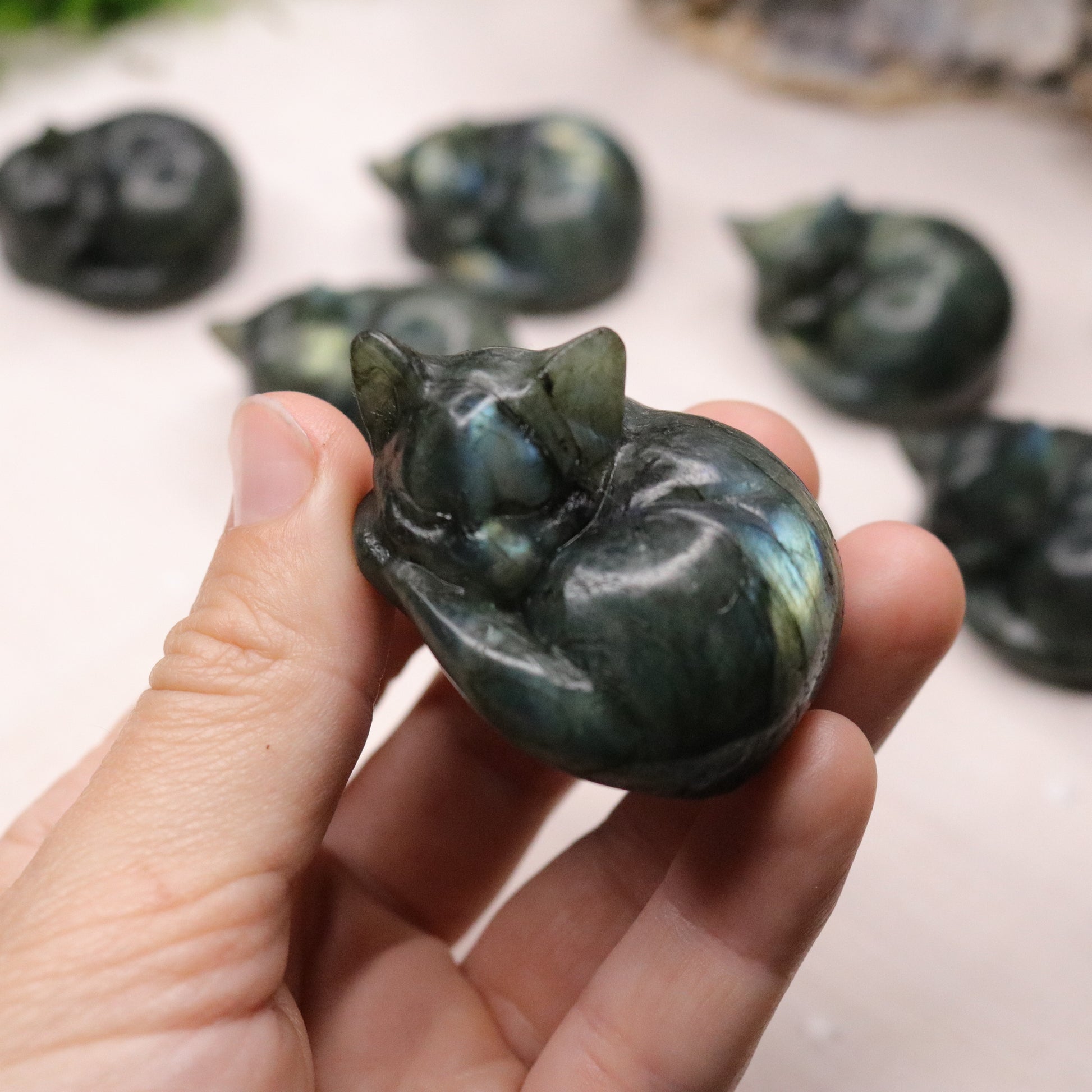 Flashy Rainbow Labradorite Cat Carvings ~ Sleeping Cuddly Kitty Cat ~ - Earth Family Crystals