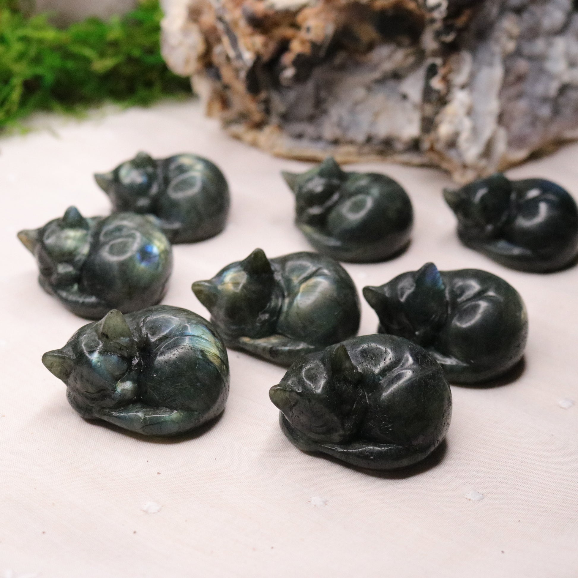 Flashy Rainbow Labradorite Cat Carvings ~ Sleeping Cuddly Kitty Cat ~ - Earth Family Crystals