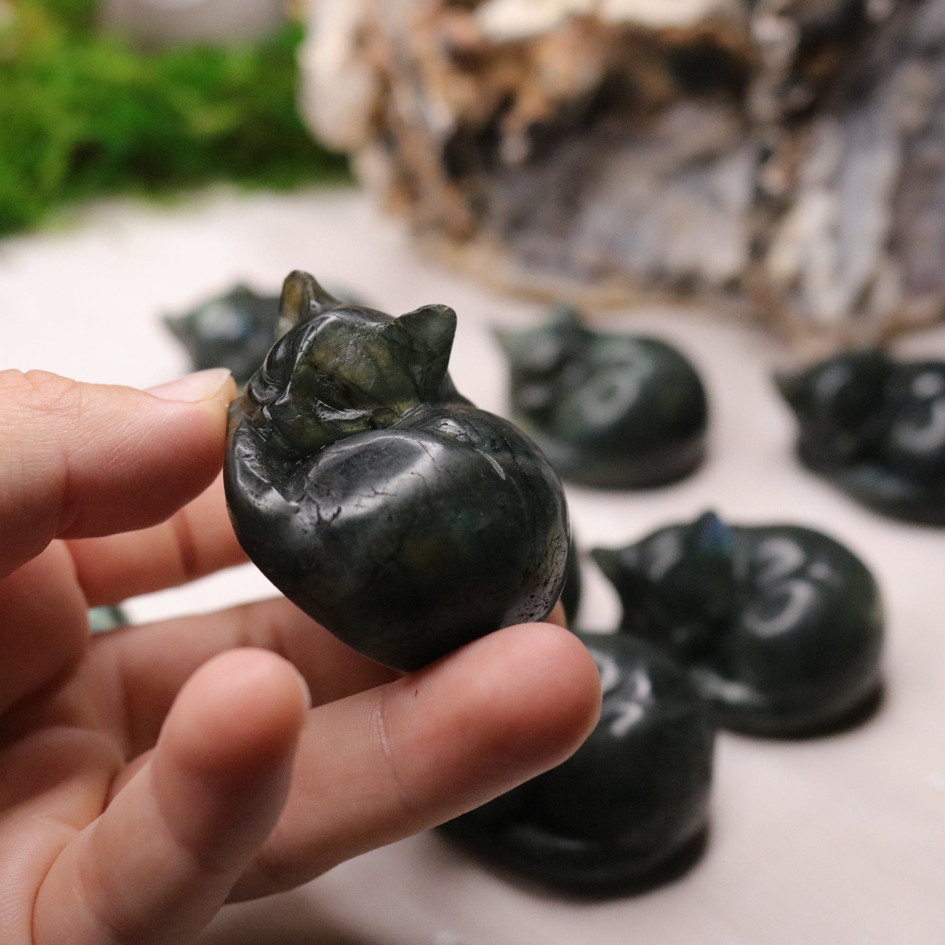 Flashy Rainbow Labradorite Cat Carvings ~ Sleeping Cuddly Kitty Cat ~ - Earth Family Crystals