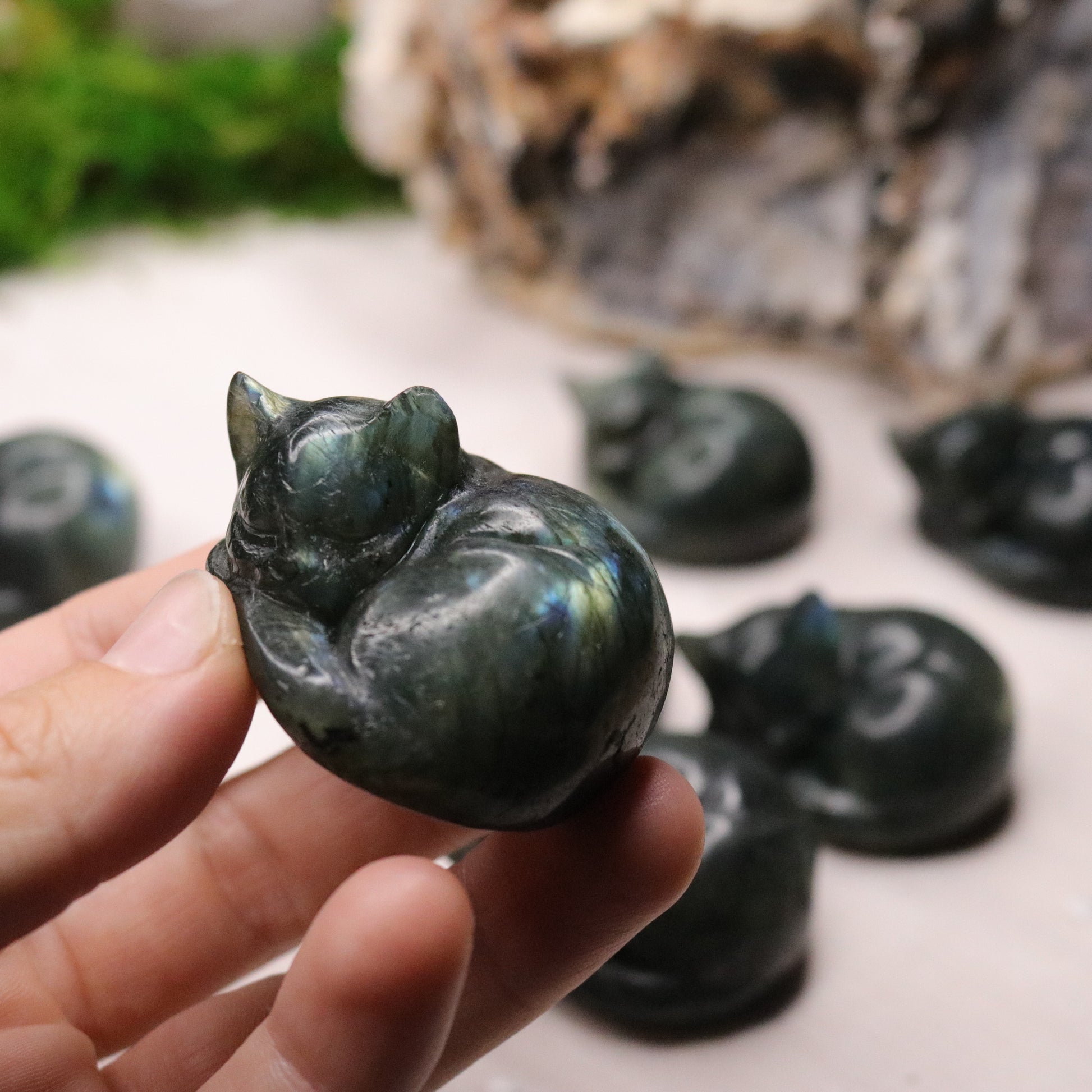 Flashy Rainbow Labradorite Cat Carvings ~ Sleeping Cuddly Kitty Cat ~ - Earth Family Crystals