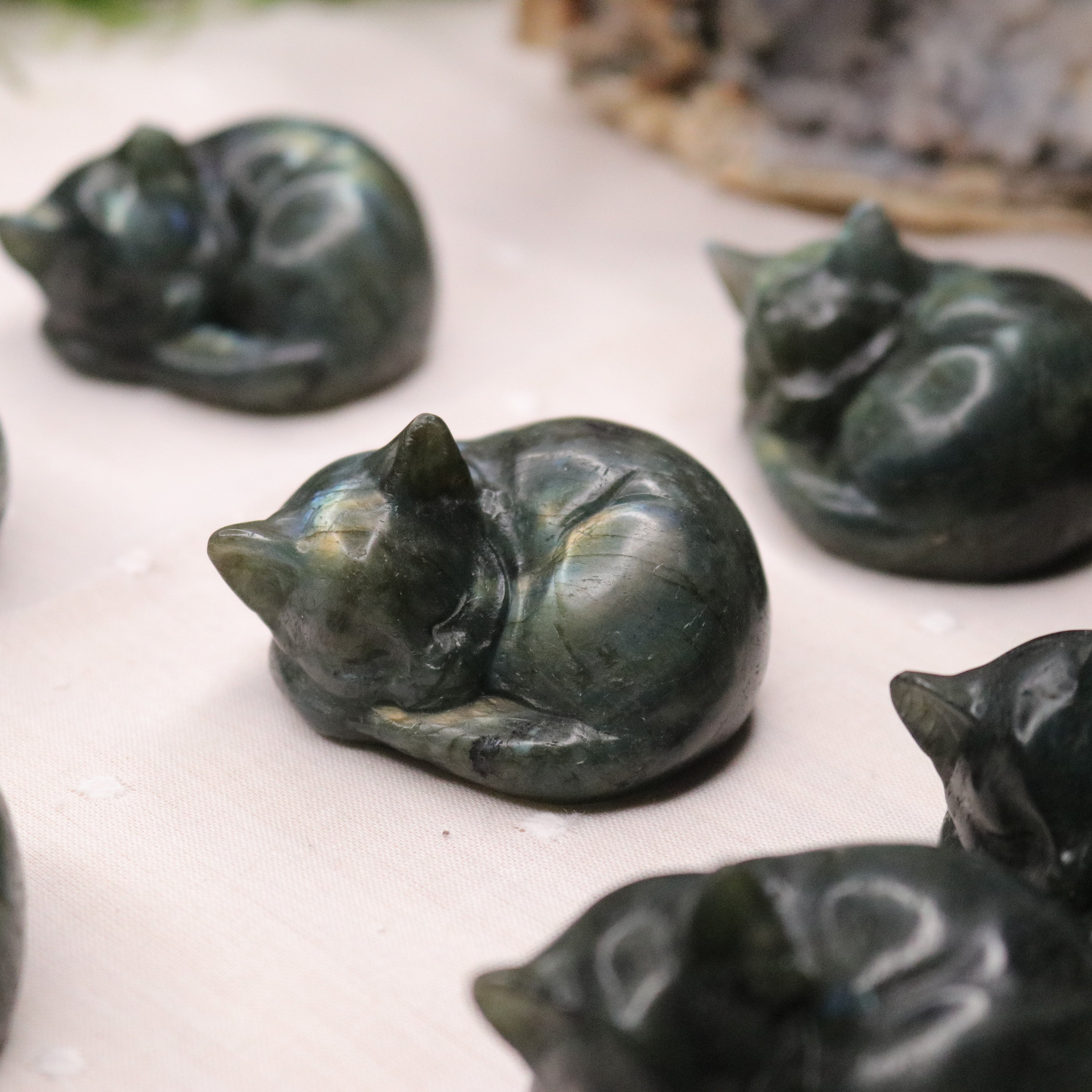 Flashy Rainbow Labradorite Cat Carvings ~ Sleeping Cuddly Kitty Cat ~ - Earth Family Crystals