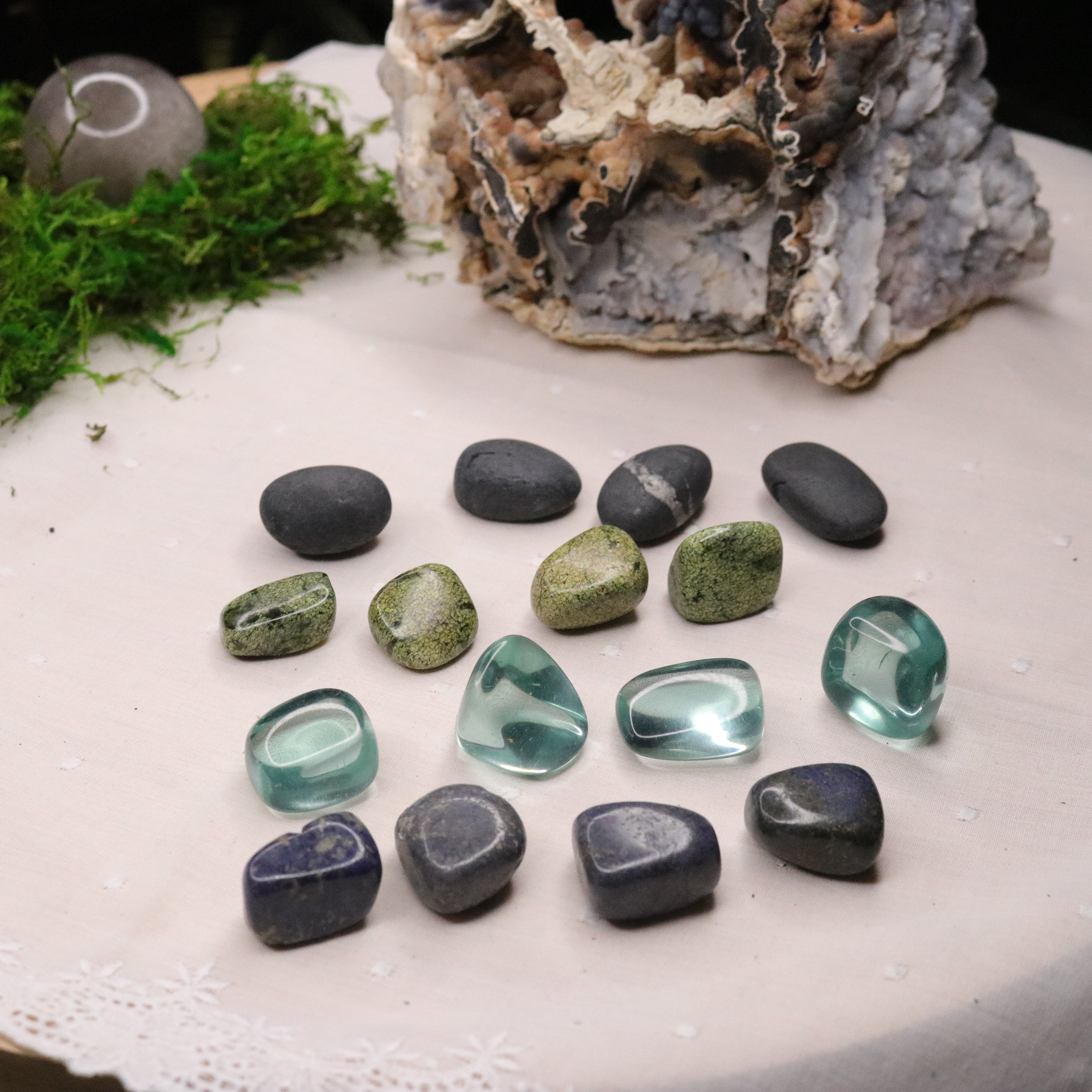 16 Pieces Tumbled Crystal Set ~ Dumortierite, Asterite Serpentine, Shungite and Aqua Blue Obsidian ~ - Earth Family Crystals