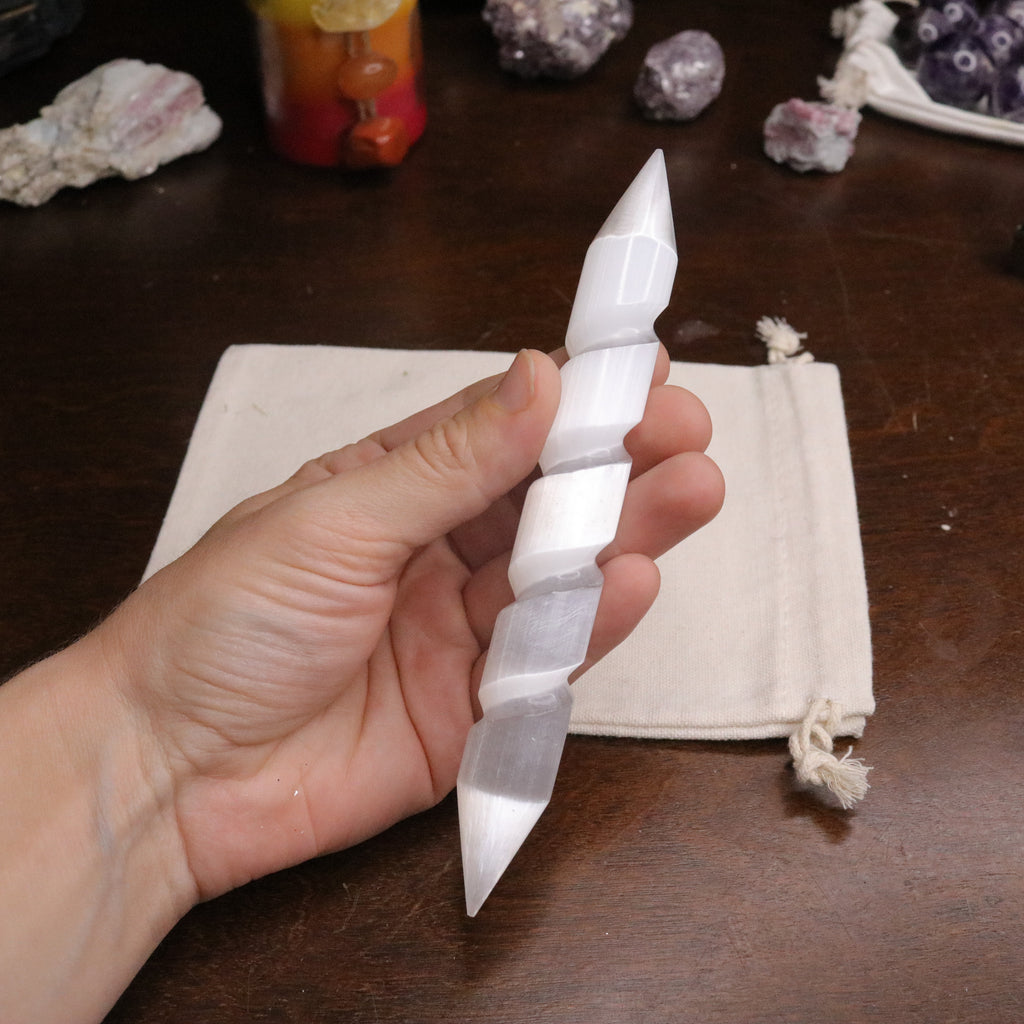 Radiate Platinum White Light ~ Selenite Spiral Wand Carving - Earth Family Crystals
