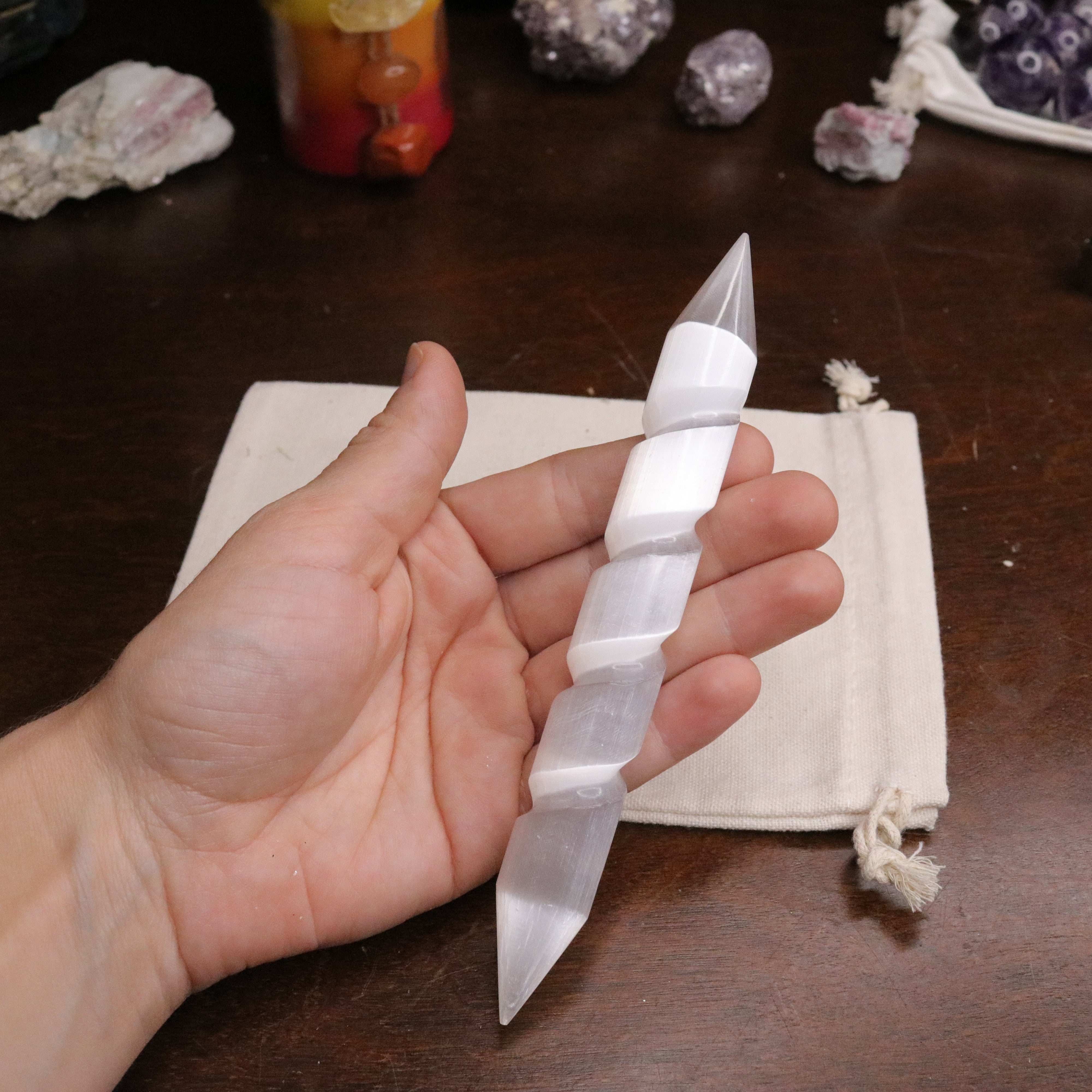Radiate Platinum White Light ~ Selenite Spiral Wand Carving - Earth Family Crystals