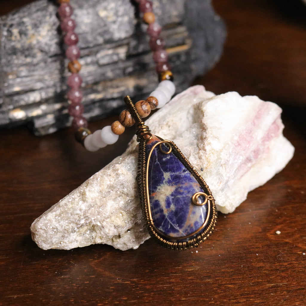 Handmade Beaded Gemstone Necklace~ Sodalite Pendant~ EMF Harmonizing and Radiation Blocking Properties - Earth Family Crystals