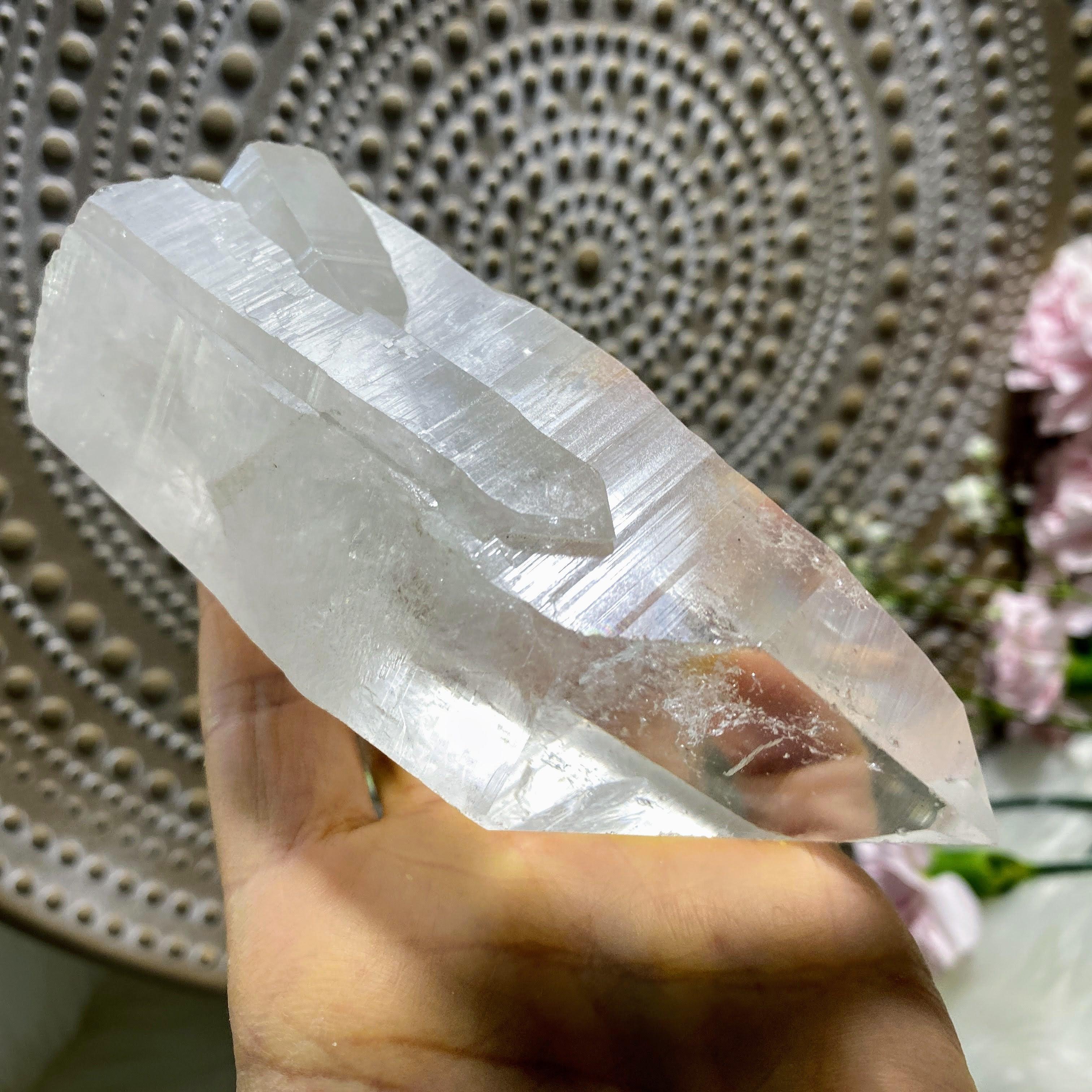 Unpolished Large Lemurian Quartz Point With Record Keepers From Brazil - Earth Family Crystals