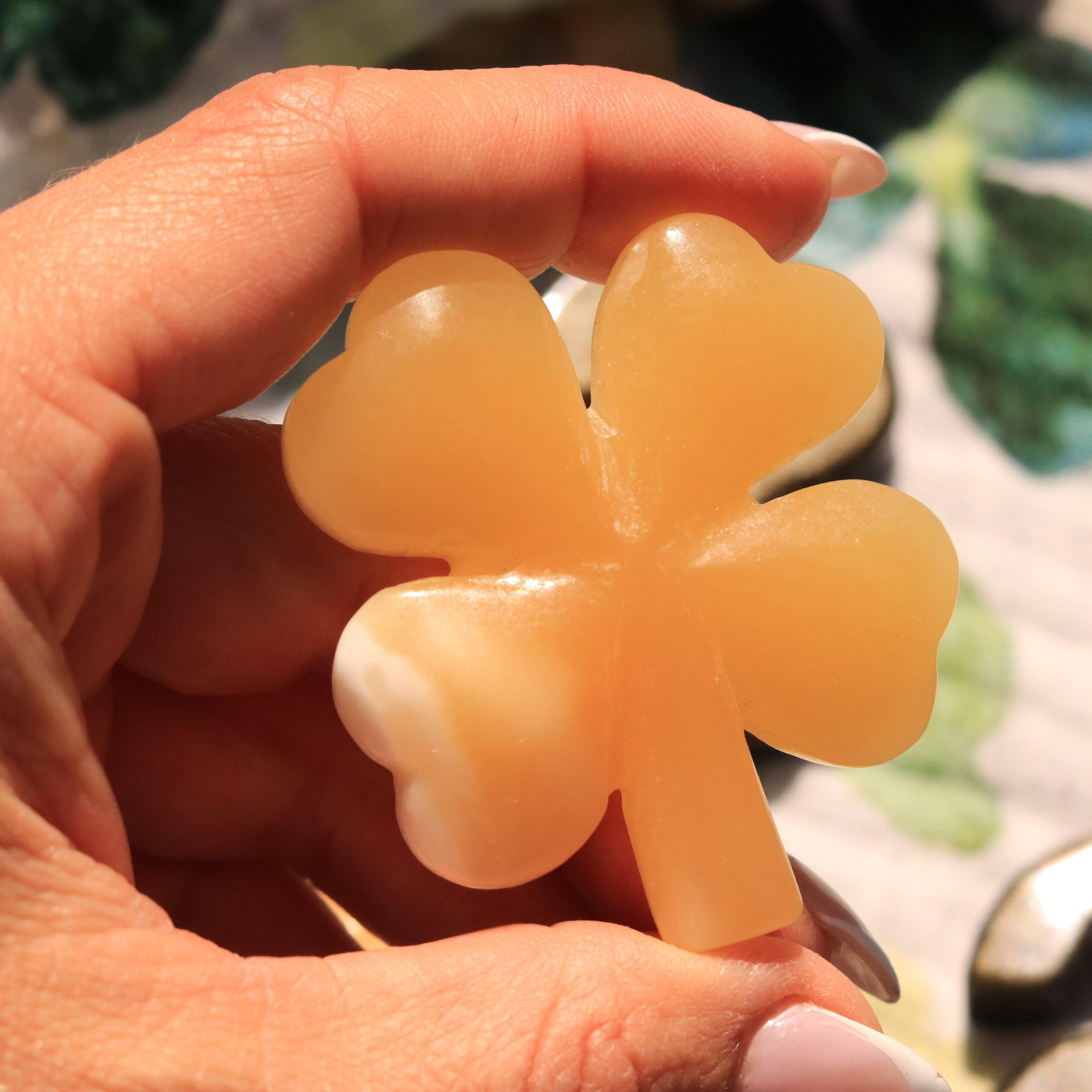 Honey Calcite Lucky Charm Clover Leaf Crystal Carving