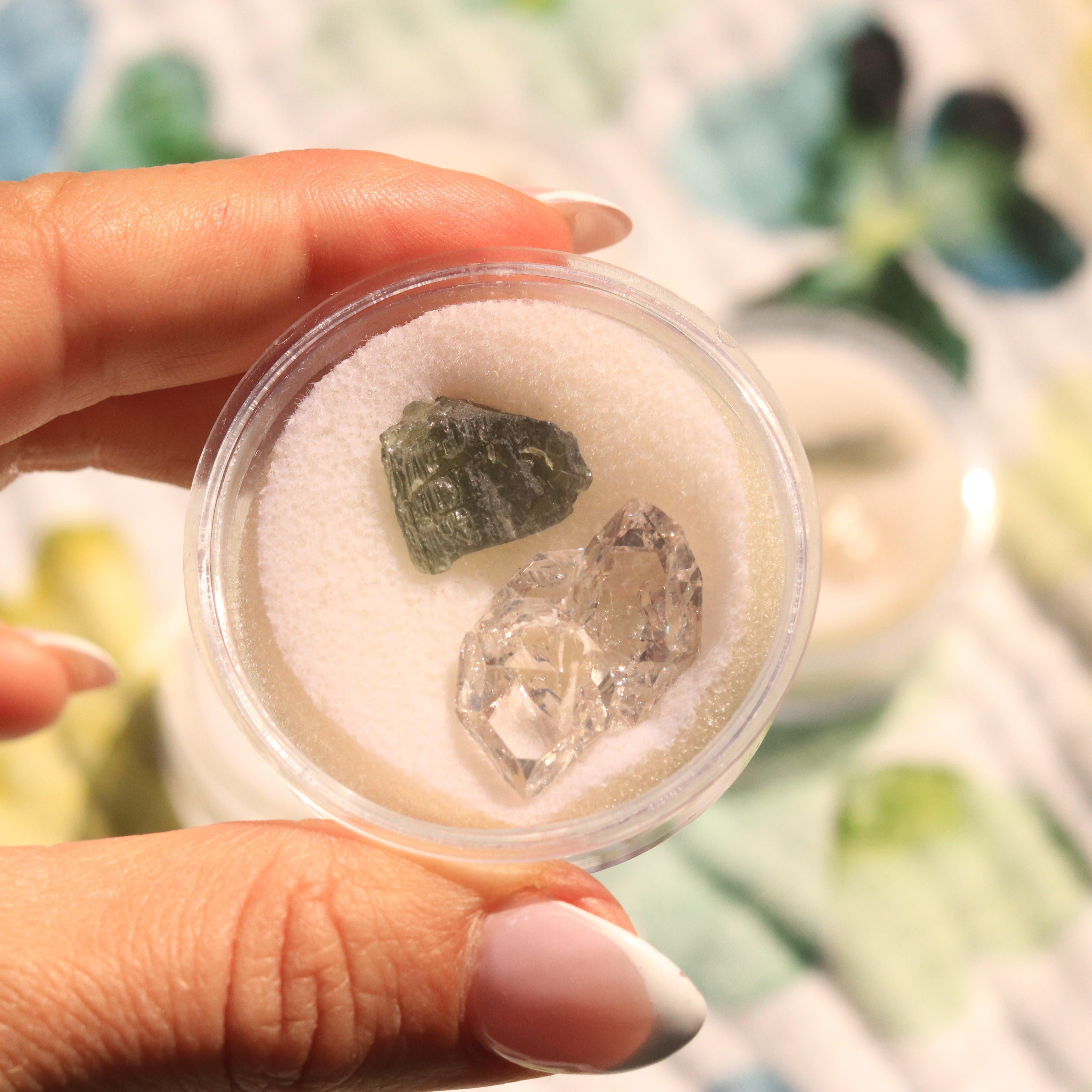 Cosmic Moldavite Tektite Set Paired with Herkimer Diamond Quartz Crystals