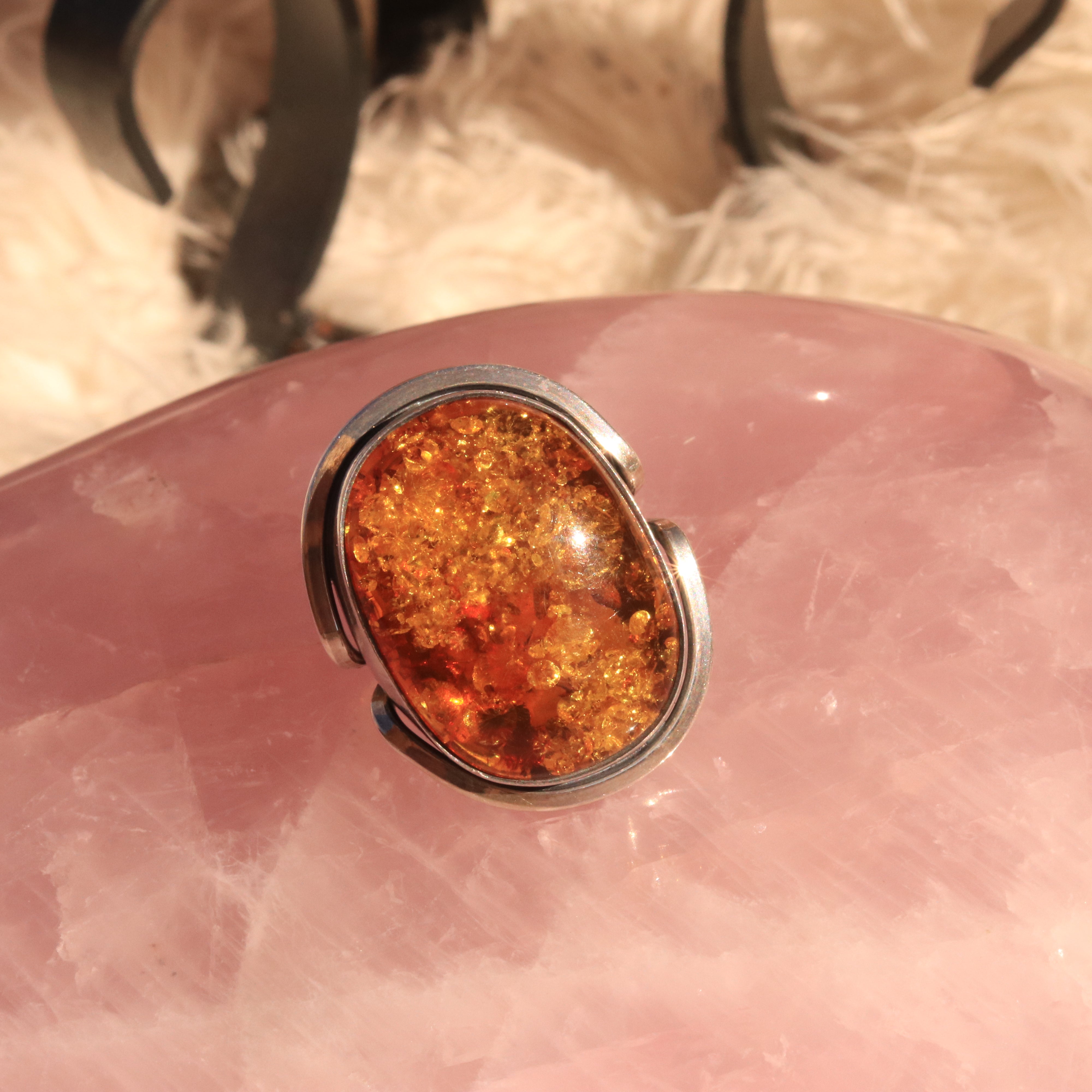 Vintage Silver and High Quality Amber Ring Size 7.5 Handcrafted in Nepal