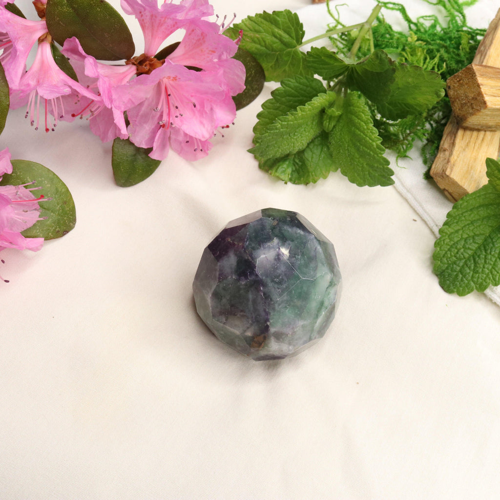 Green and Purple Fluorite ~Faceted Sphere Carving with Rainbow Energy - Earth Family Crystals