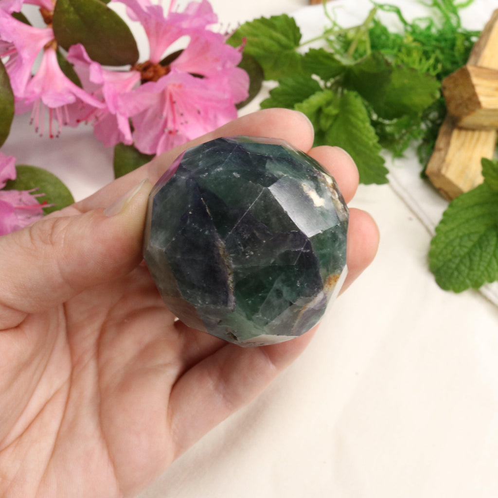 Green and Purple Fluorite ~Faceted Sphere Carving with Rainbow Energy - Earth Family Crystals