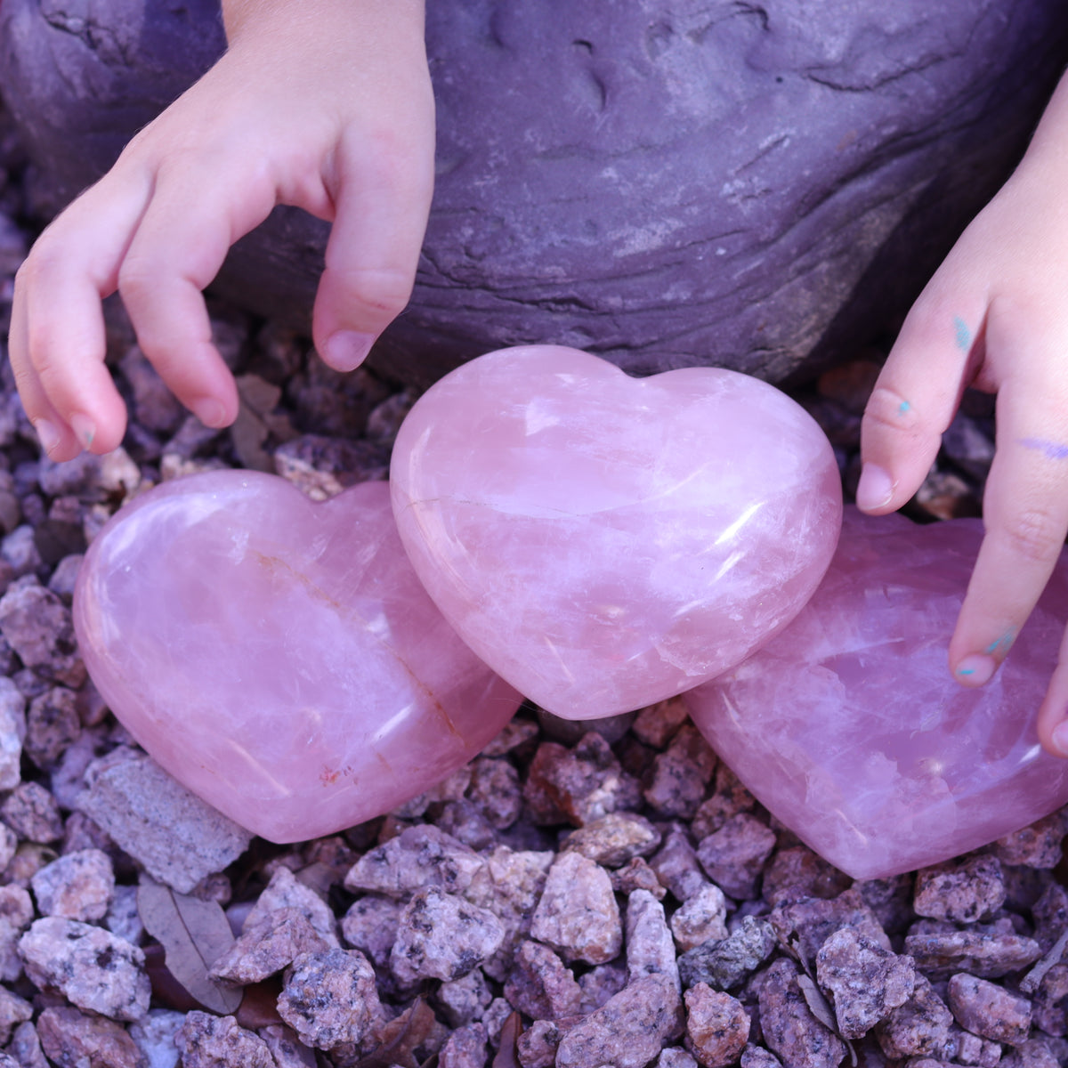 Rose Quartz Puffy Heart Carvings — Madagascar