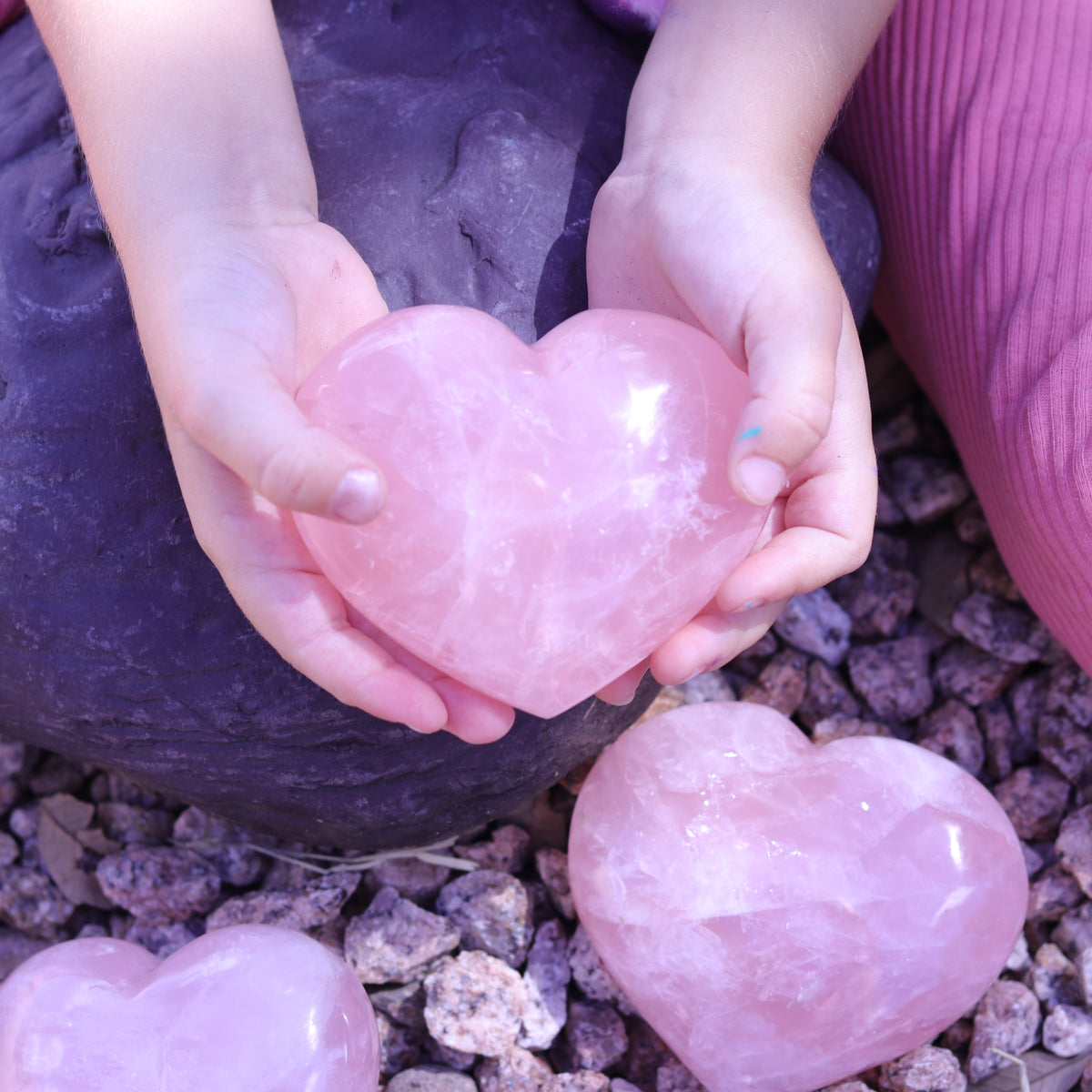 Rose Quartz Puffy Heart Carvings — Madagascar