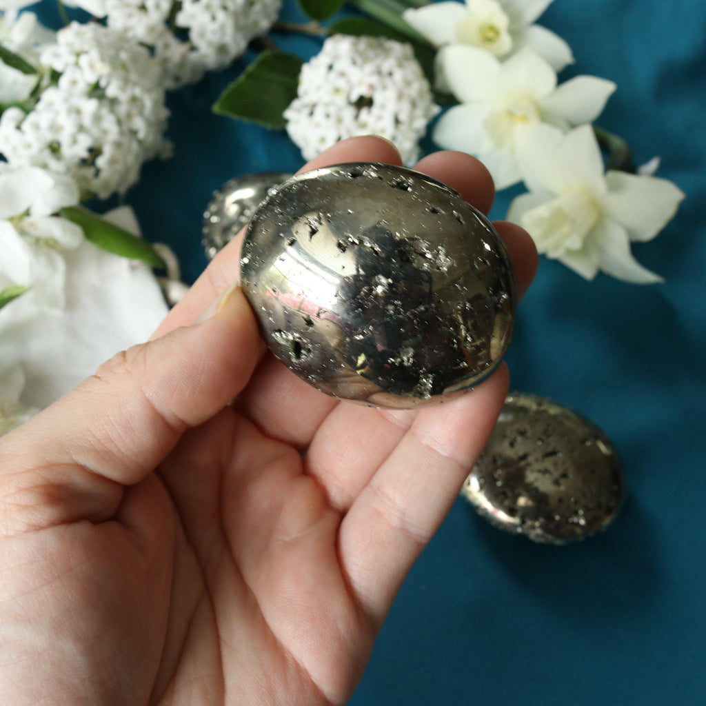 Protective Pyrite Pillow Palm Carving ~ Locale Peru - Earth Family Crystals