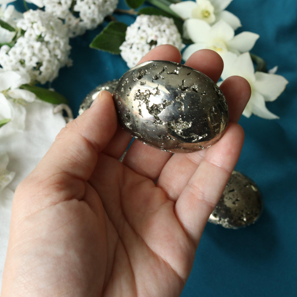 Protective Pyrite Pillow Palm Carving ~ Locale Peru - Earth Family Crystals