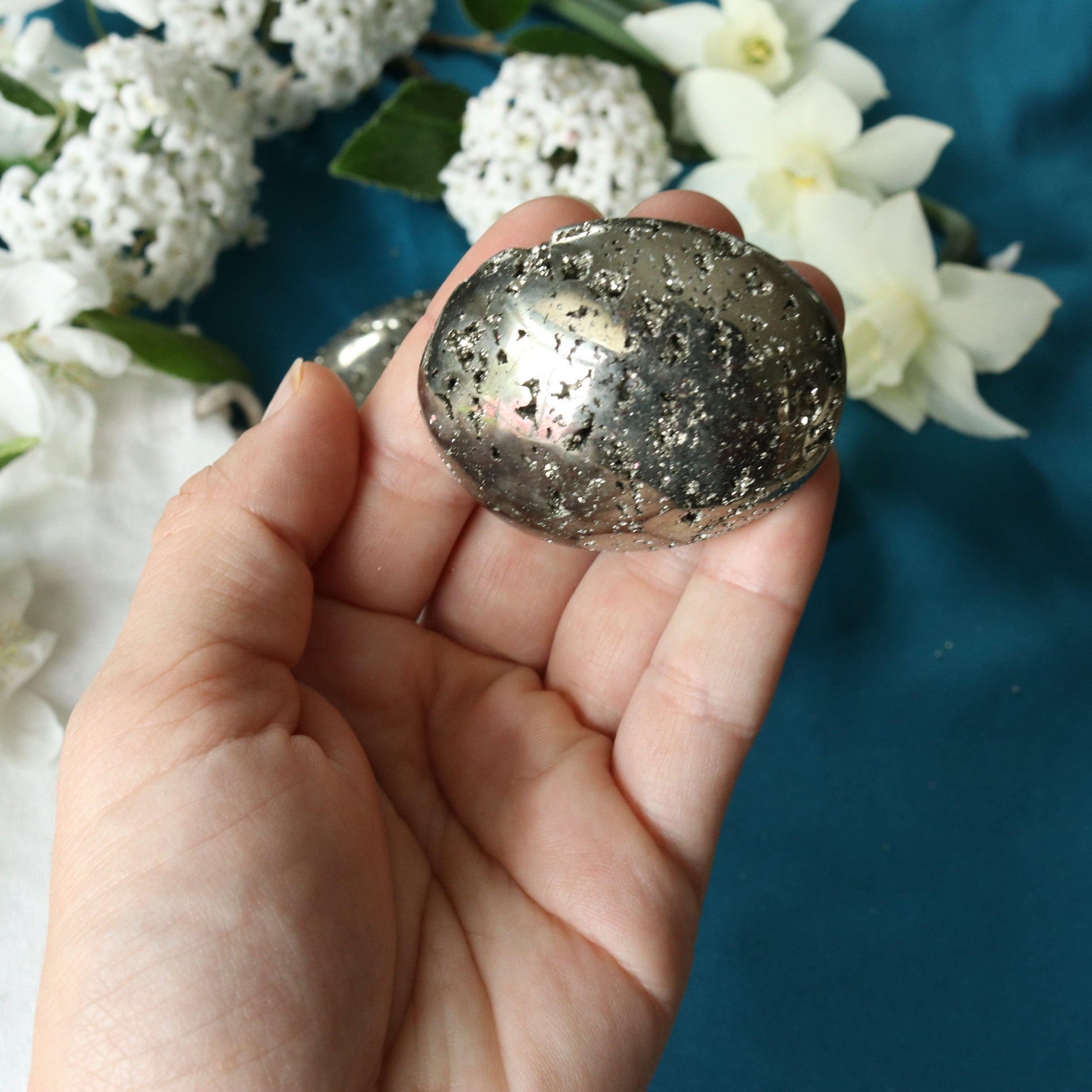 Protective Pyrite Pillow Palm Carving ~ Locale Peru - Earth Family Crystals