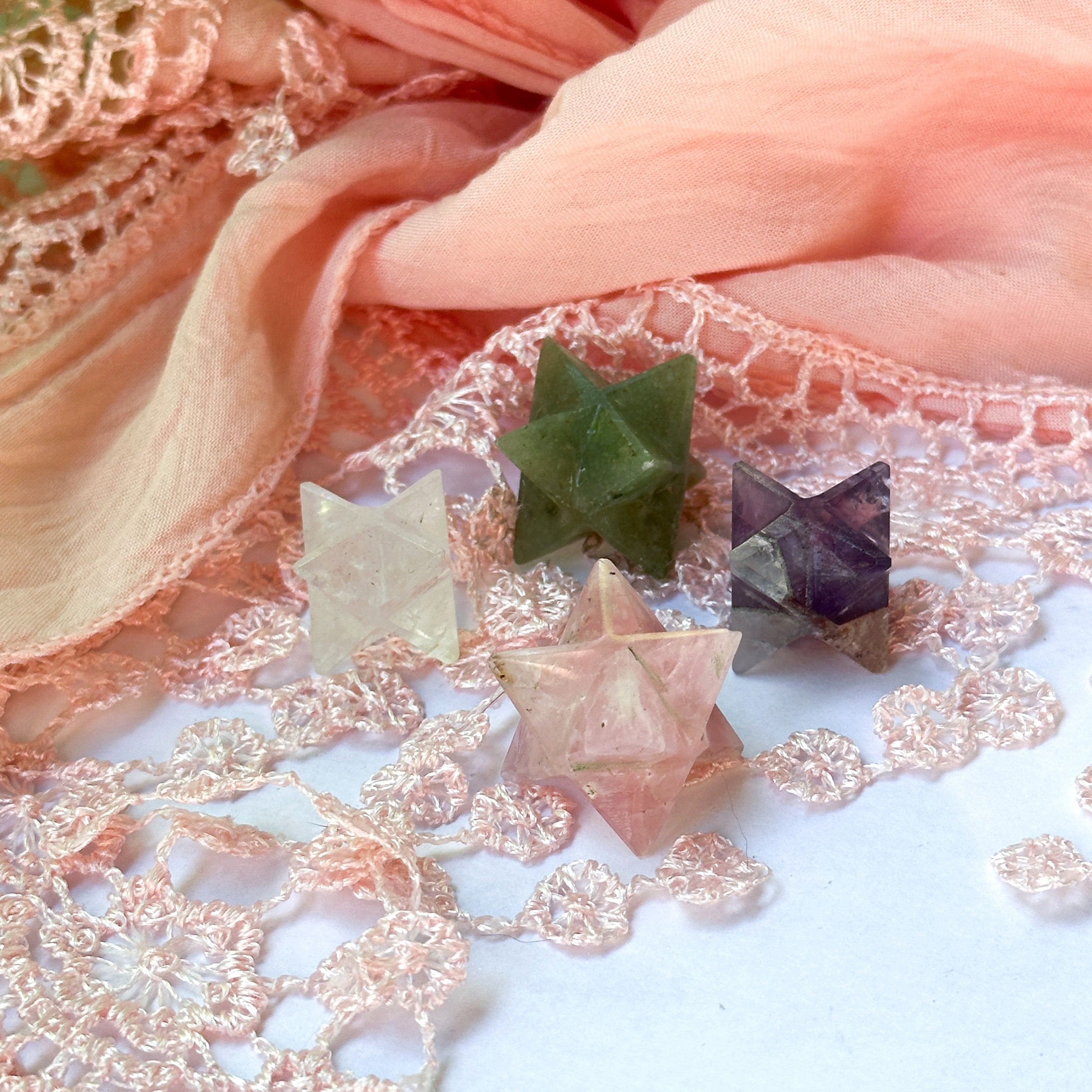 4 Piece Gemstone Merkaba Carving Set ~ Quartz, Rose Quartz, Amethyst, & Aventurine