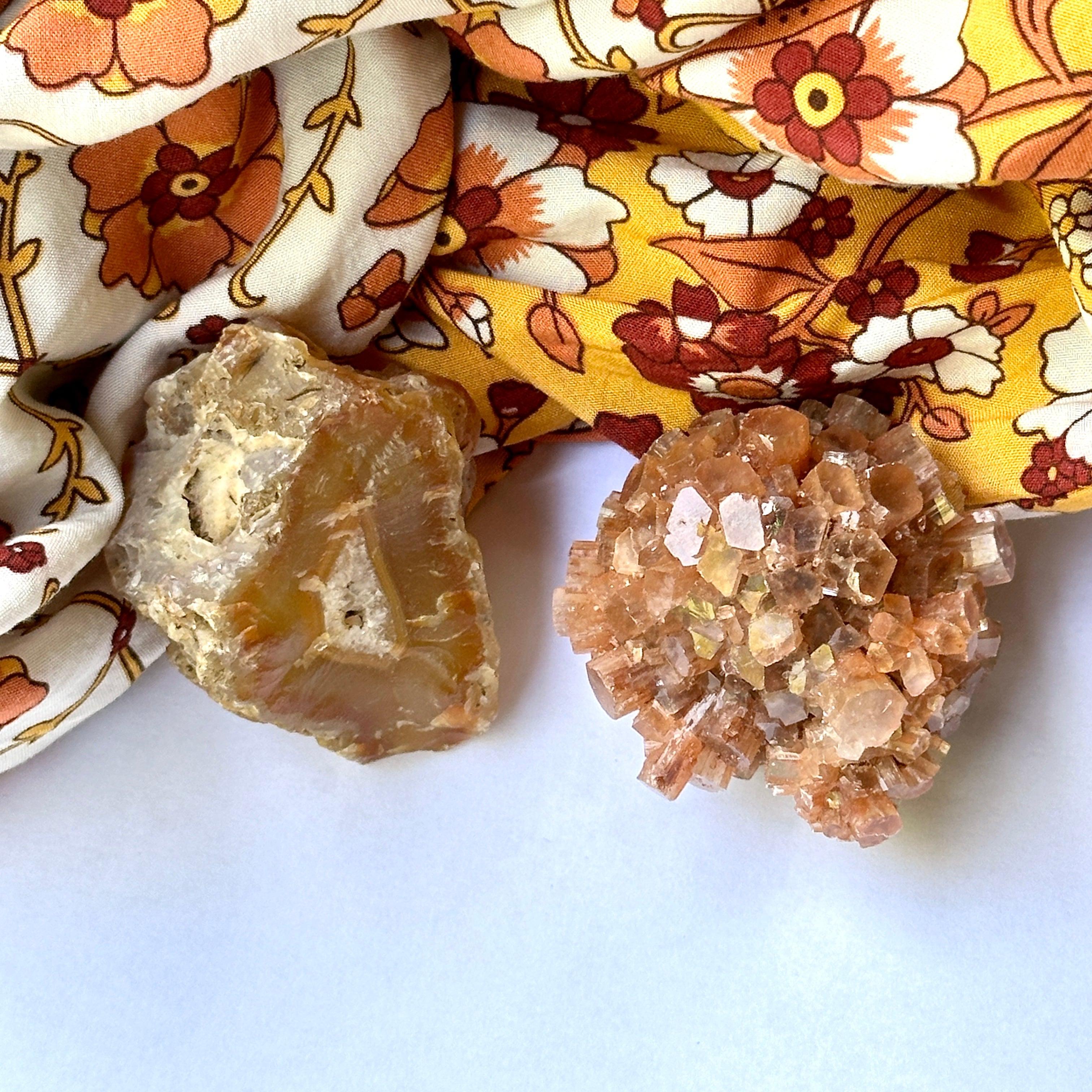 Crystal Set of Two ~ Raw Red Carnelian Hand Collected in Washington, USA & Orange Star Aragonite