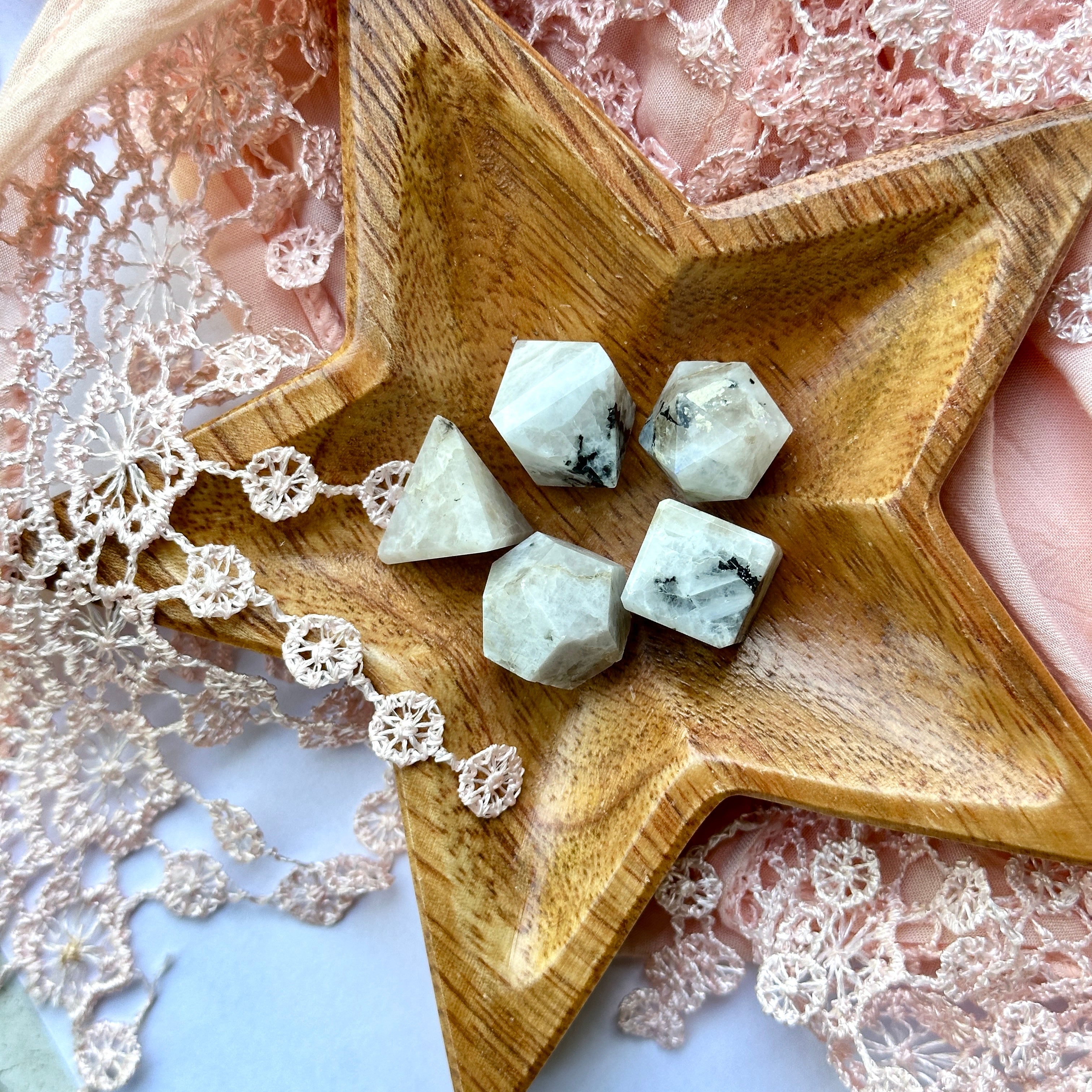 Rainbow Moonstone Platonic Solid Crystal Carving Set of 5