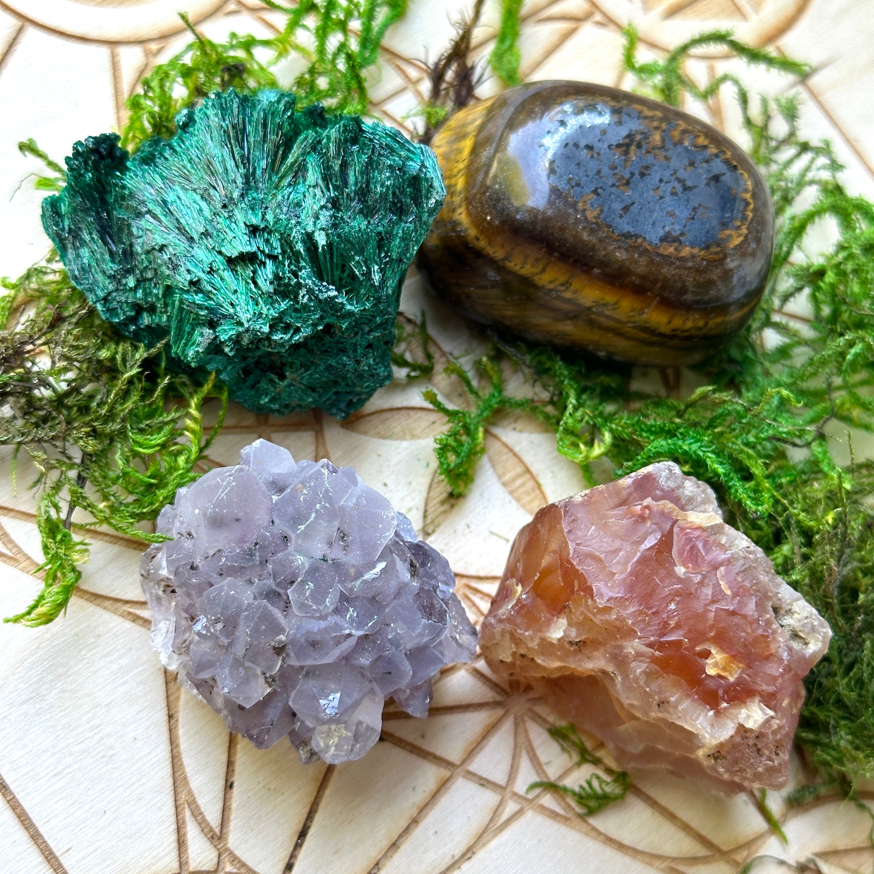 4 Piece Crystal Gemstone Set for Healing - Amethyst Flower, Raw Carnelian from Washington, USA, Tiger's Eye and Fan Malachite
