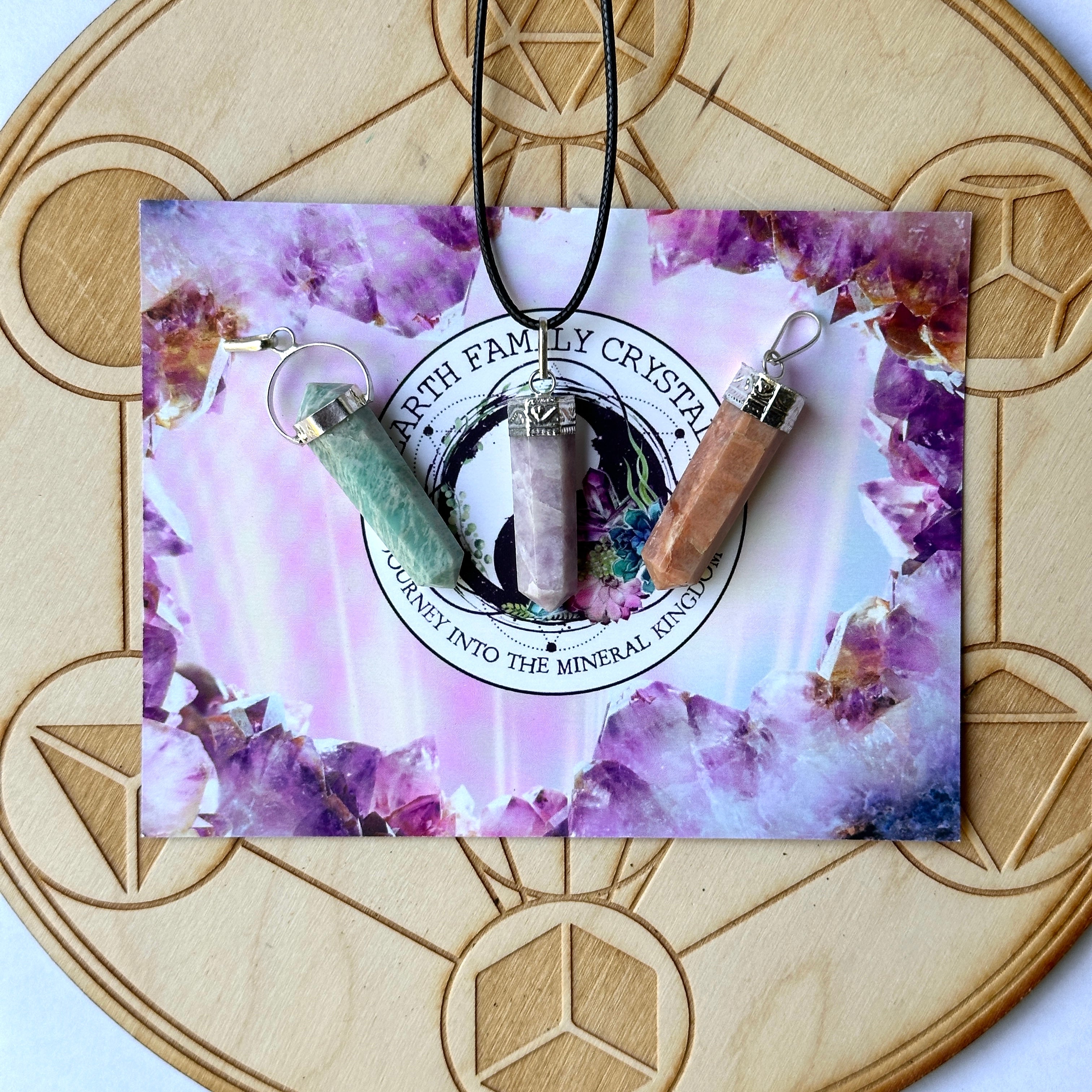 3 Piece Gemstone Pendant Set with Necklace Cord~ Lilac Lepidolite, Peach Moonstone, Amazonite
