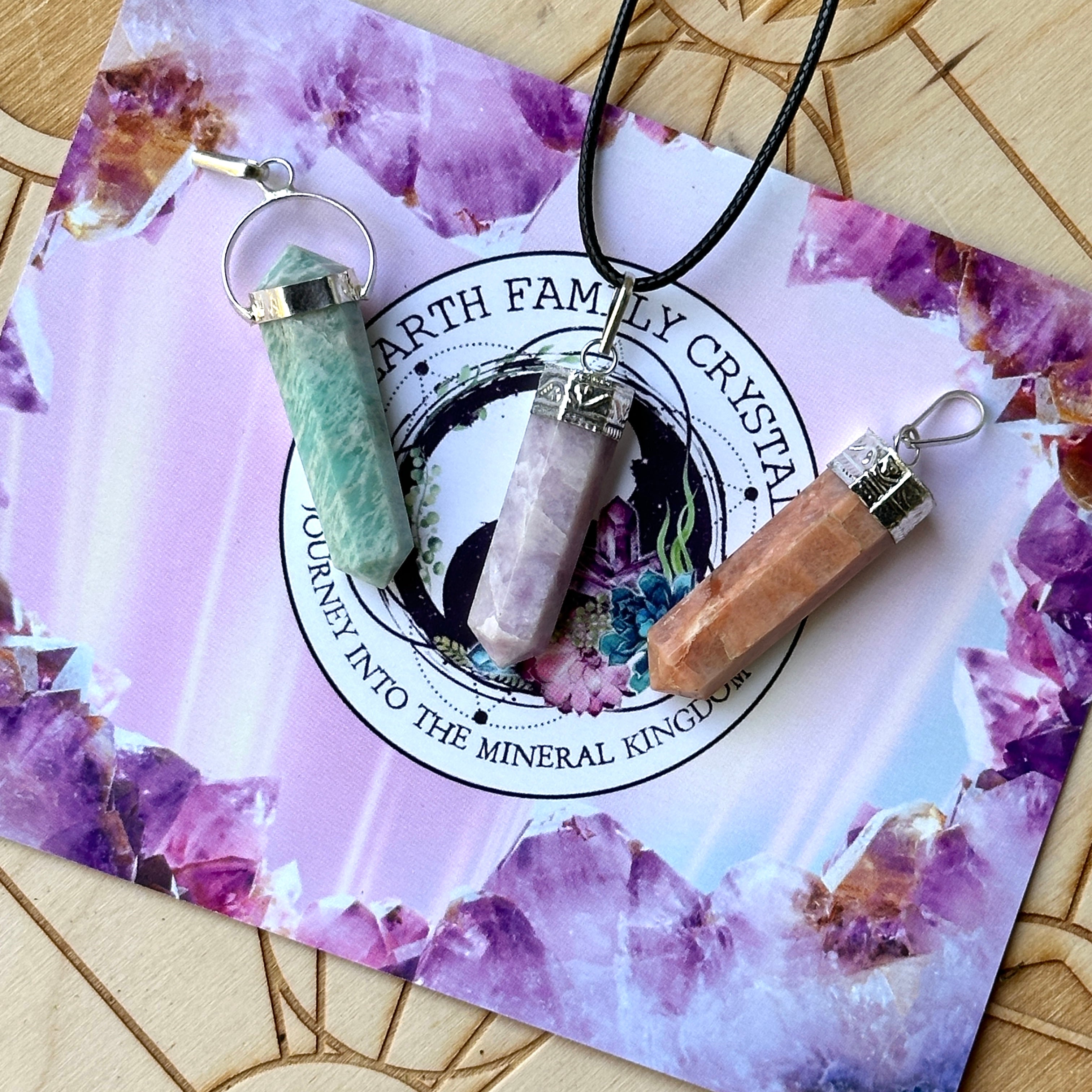 3 Piece Gemstone Pendant Set with Necklace Cord~ Lilac Lepidolite, Peach Moonstone, Amazonite