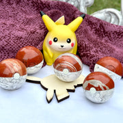 Pokemon Poke Balls - Red Jasper and Howlite Sphere Carvings 45 mm - Pikachu Sphere Stand Included!