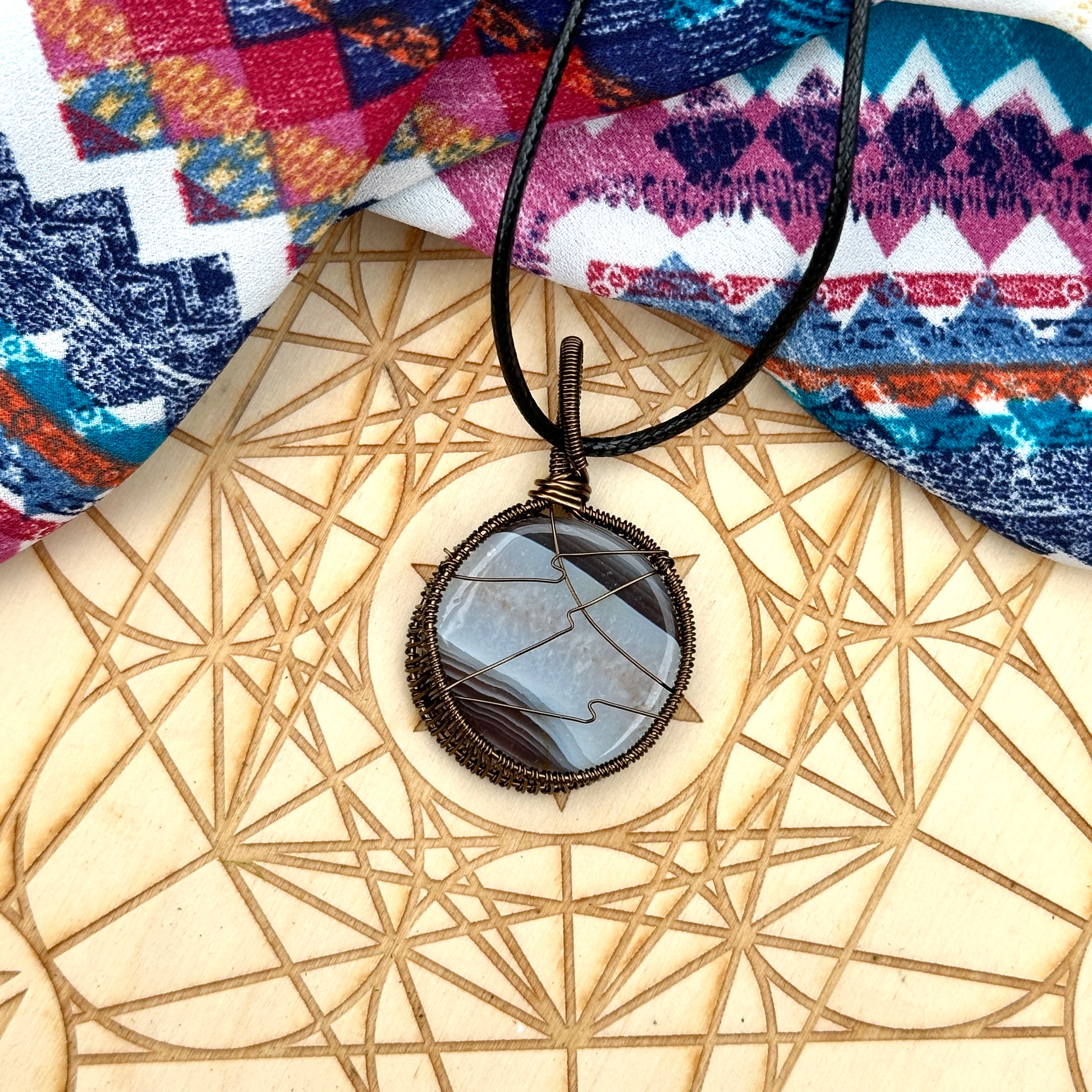 Gorgeous Banded Blue and Brown Agate Pendant in Wire Wrapped Setting ~ Includes Necklace Cord