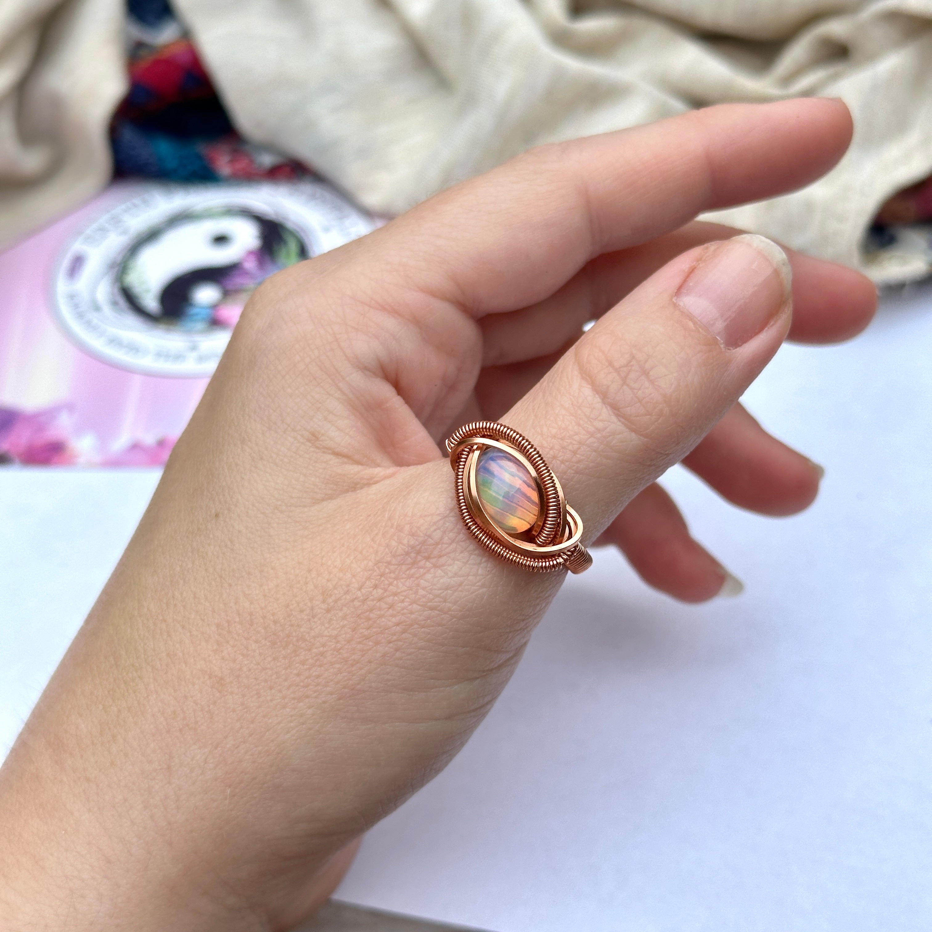 Ethiopan Opal Copper Wire Wrapped Gemstone Ring ~ Size 8