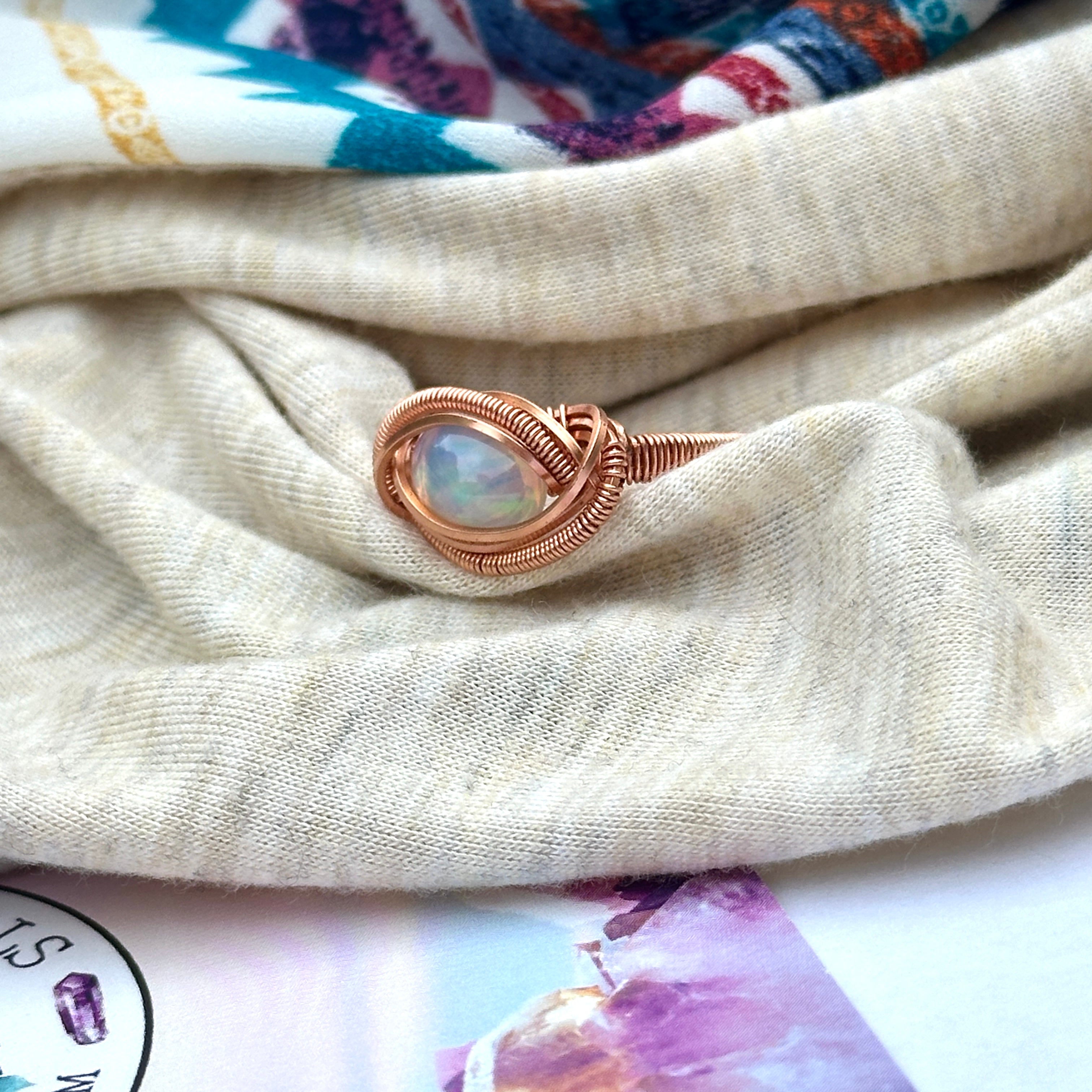 Ethiopan Opal Copper Wire Wrapped Gemstone Ring ~ Size 8