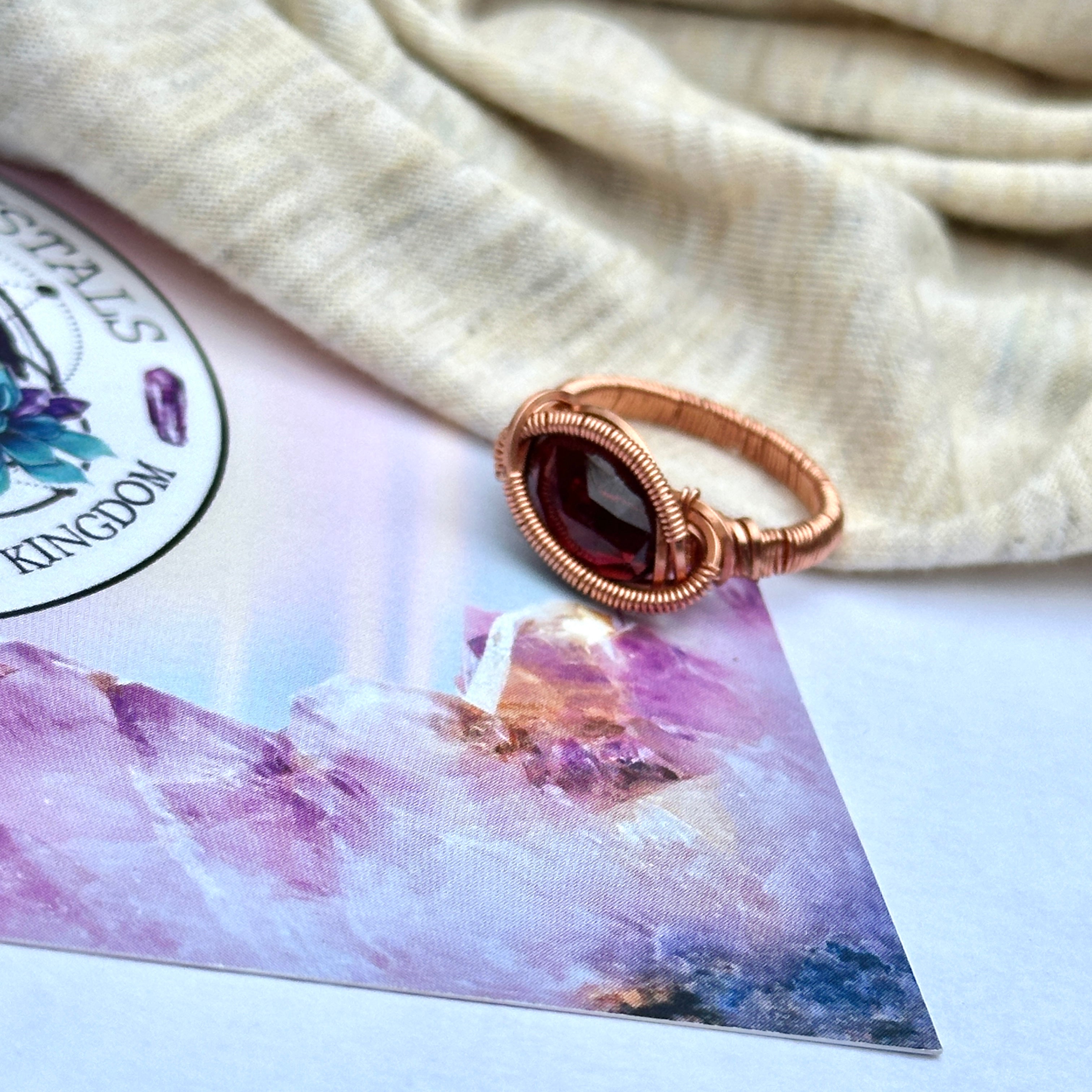 Red Garnet Copper Wire Wrapped Gemstone Ring ~ Size 7