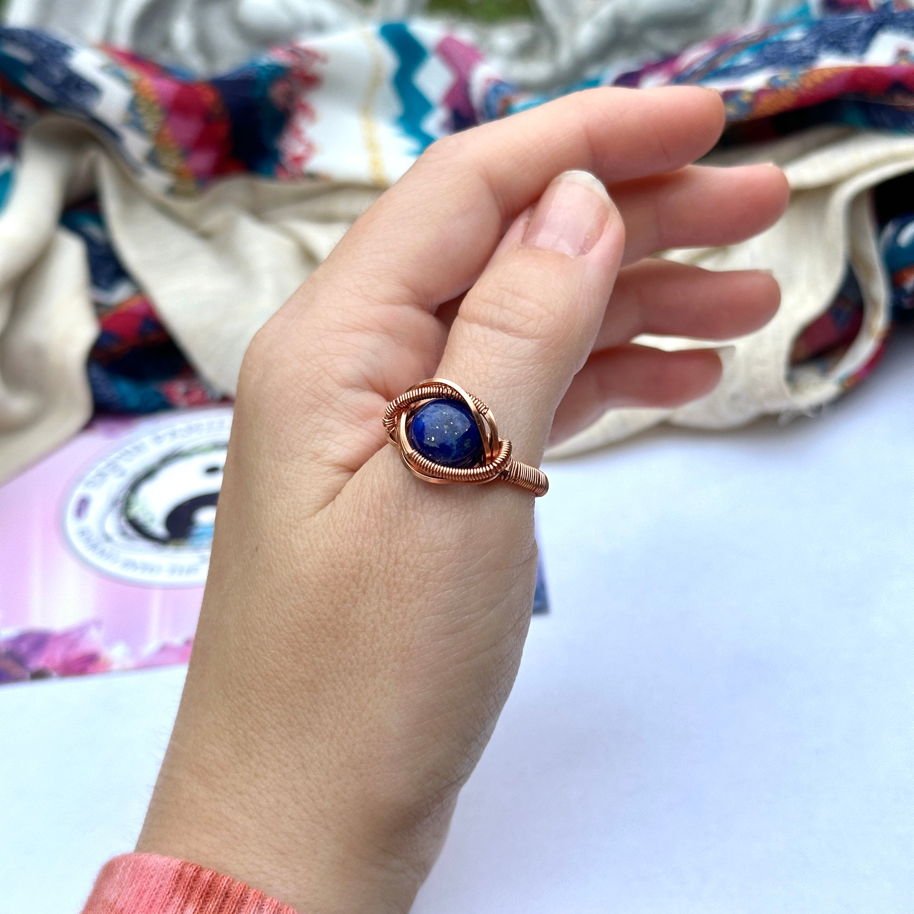 Genuine Lapis Lazuli Gemstone Ring Wire Wrapped in Copper ~ Size 8.5