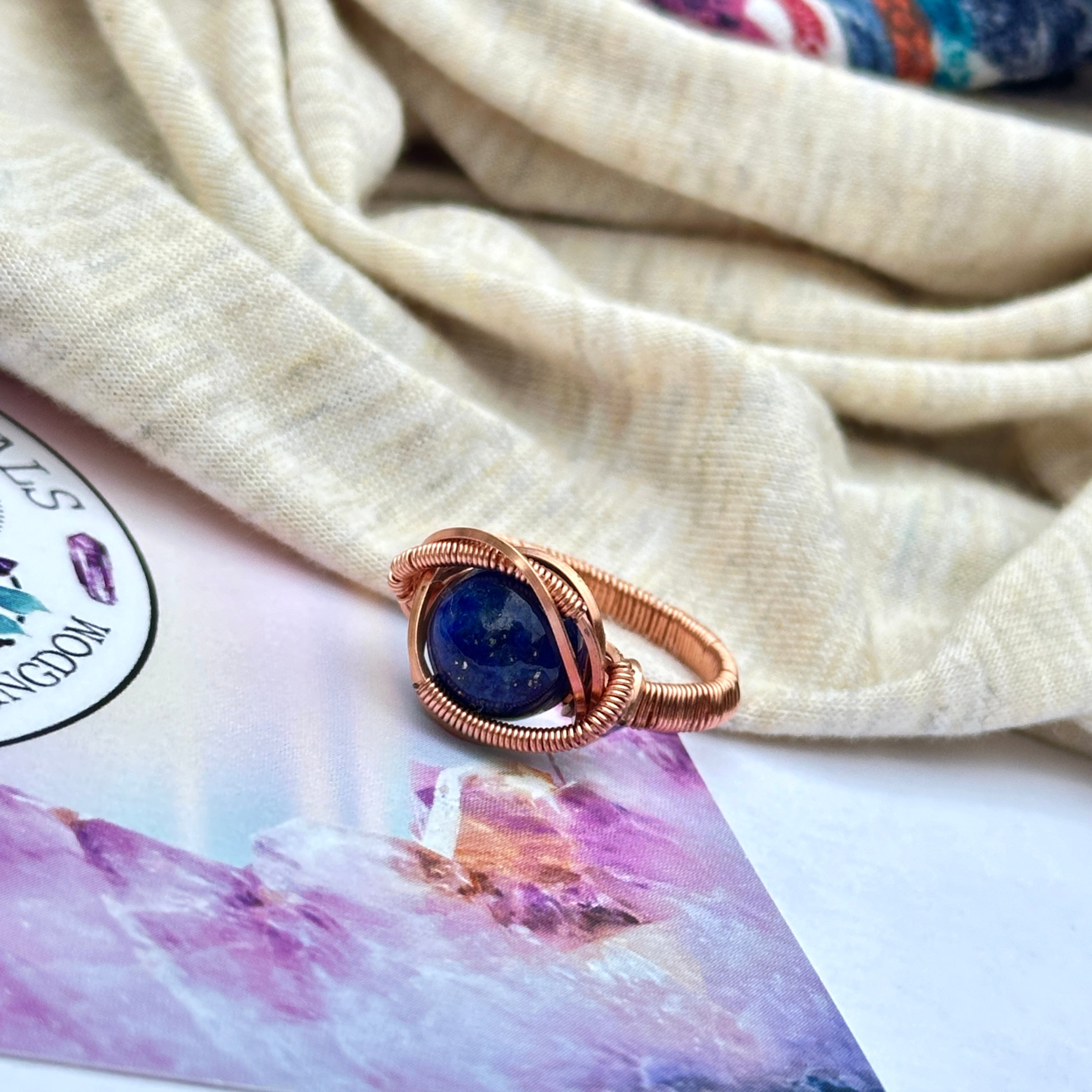 Genuine Lapis Lazuli Gemstone Ring Wire Wrapped in Copper ~ Size 8.5