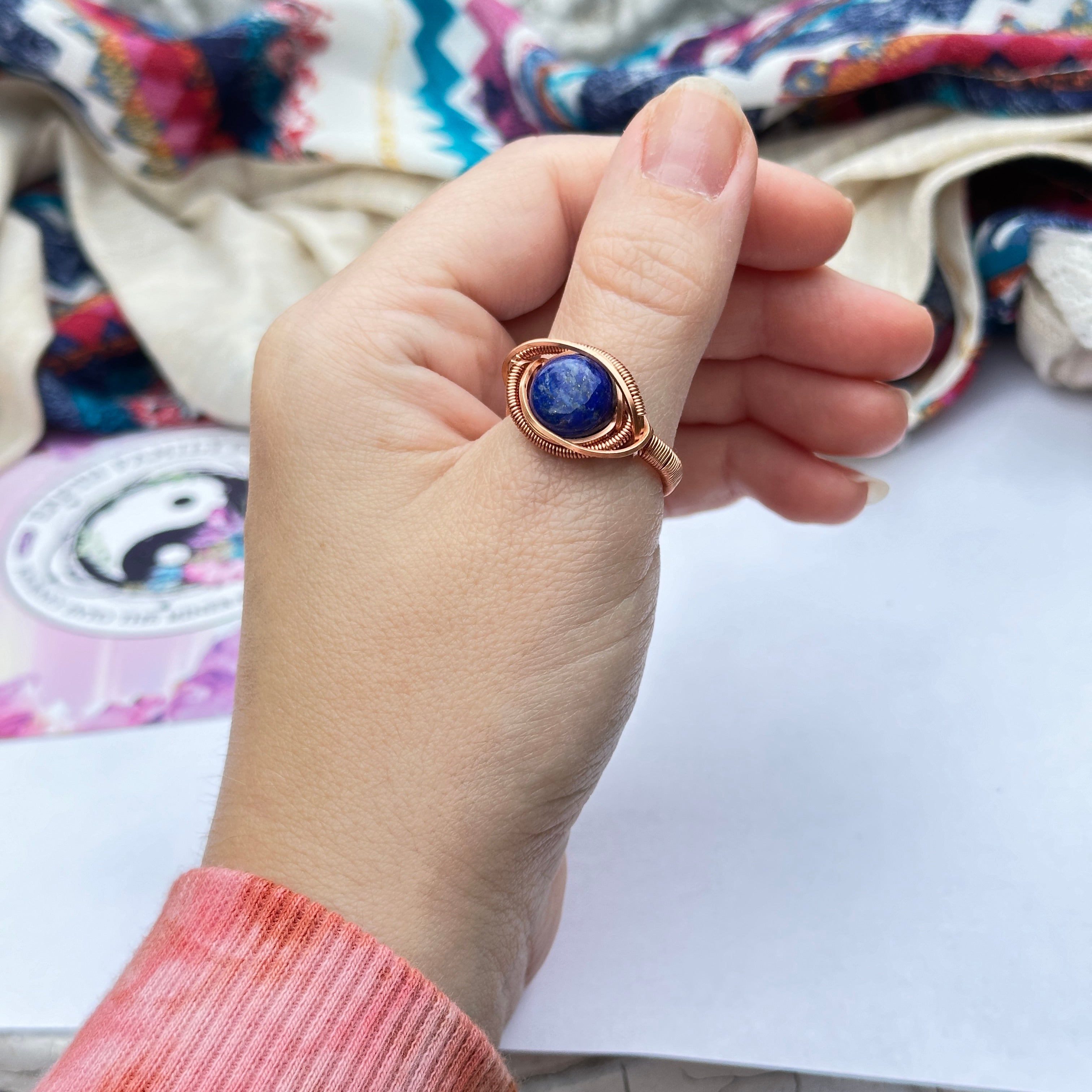 Genuine Lapis Lazuli Gemstone Ring Wire Wrapped in Copper ~ Size 9.5
